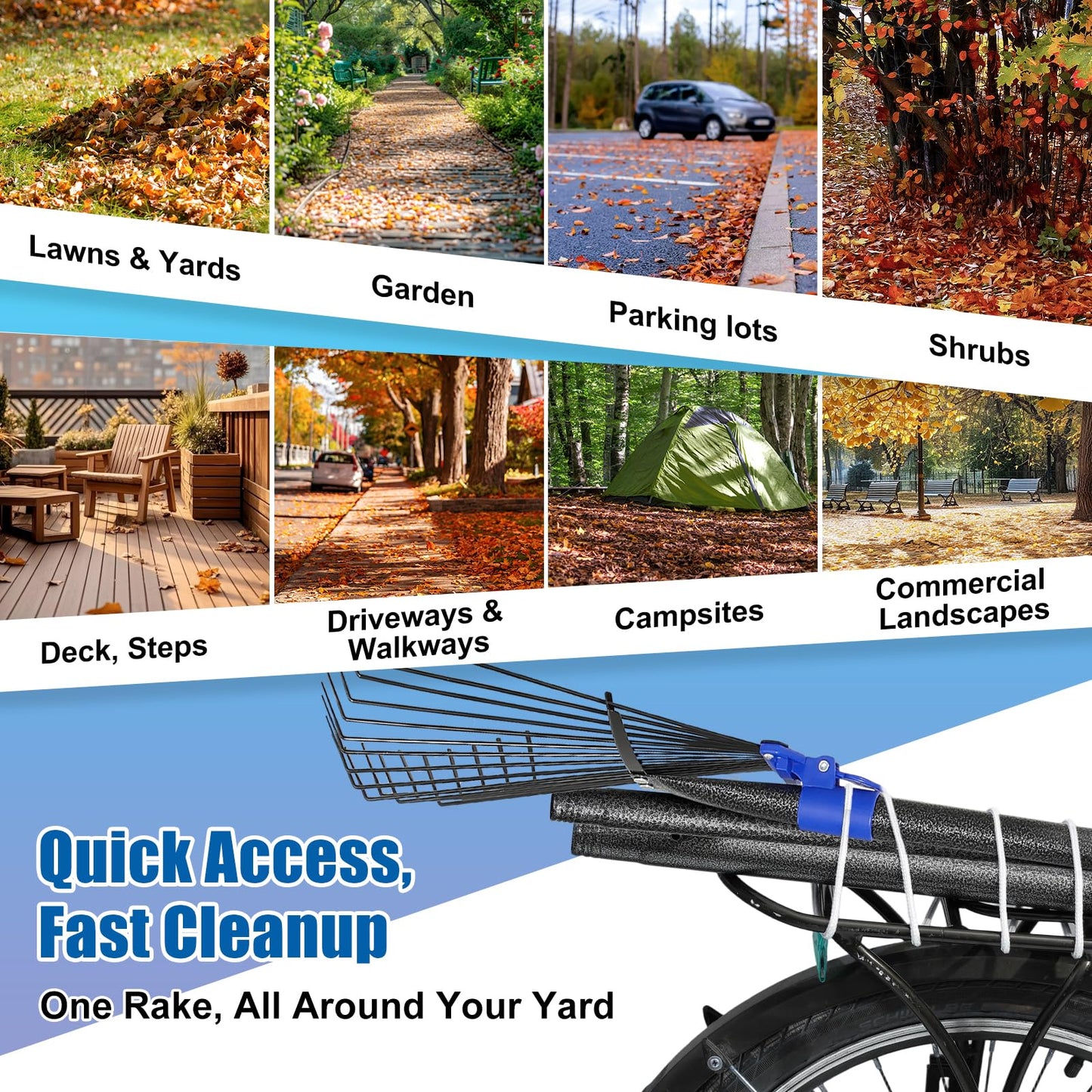 Rake for Leaves: Adjustable Metal Leaf Rake for Lawn, 8-17" Expandable Head, 45” Long Handle,Collapsible Heavy Duty Women Kids Garden Rakes for Yard Pine Needles Mulch Grass Debris Gardening Camping