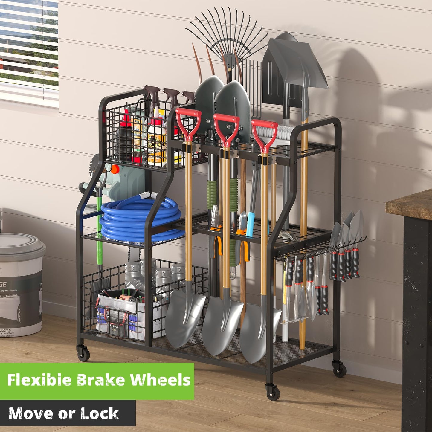 keomaisyto Garden Tool Organizer with Heavy Duty Wheels for Garage - with 2 Baskets, Large Yard Tool Organizer and Storage Holder, Utility Garden Tool Rack for/Shed/Garage/Yard/Basement/Lawn