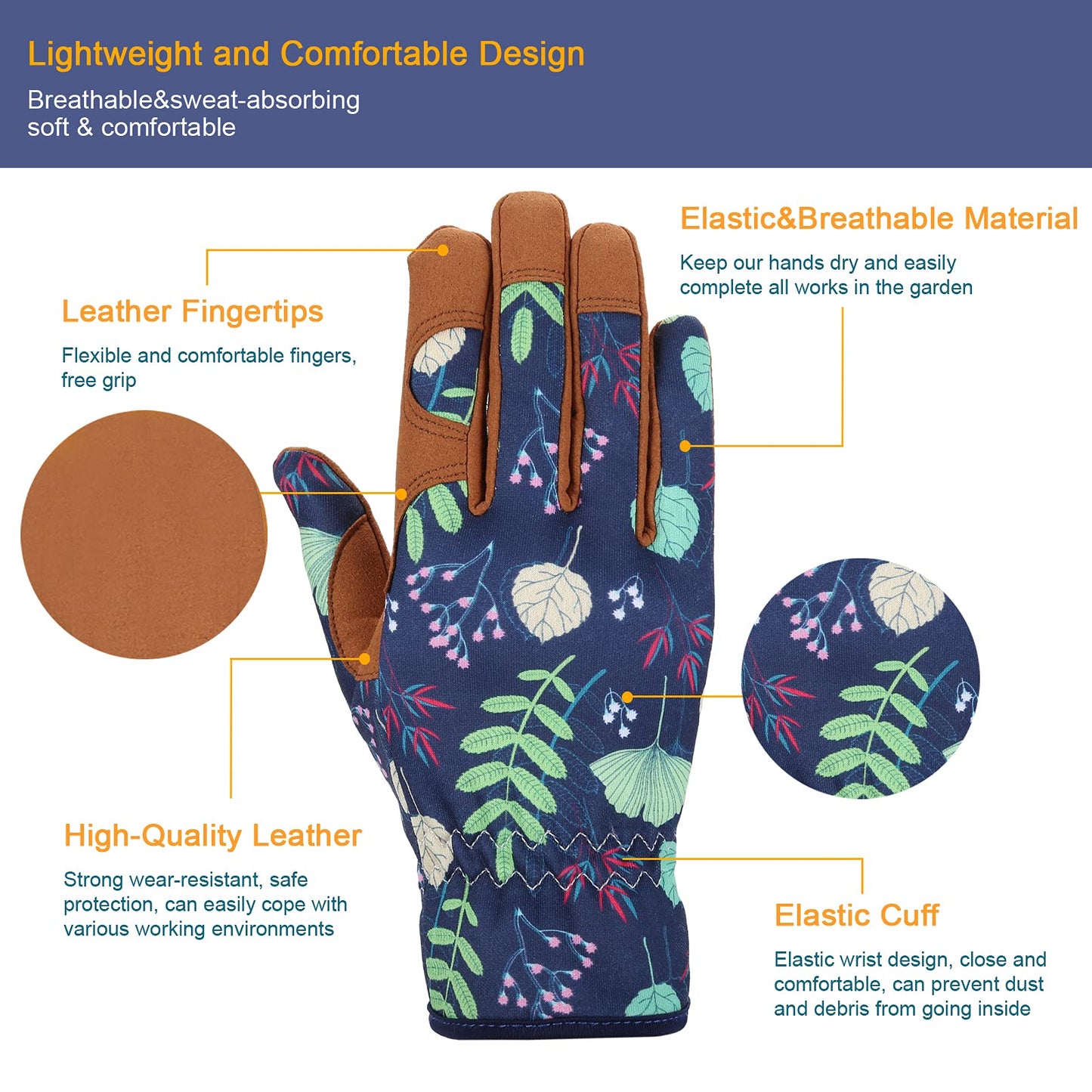 Bamllum Leather Gardening Gloves for Women - Working Gloves for Weeding, Digging, Planting, Raking and Pruning (B-Blue) Medium