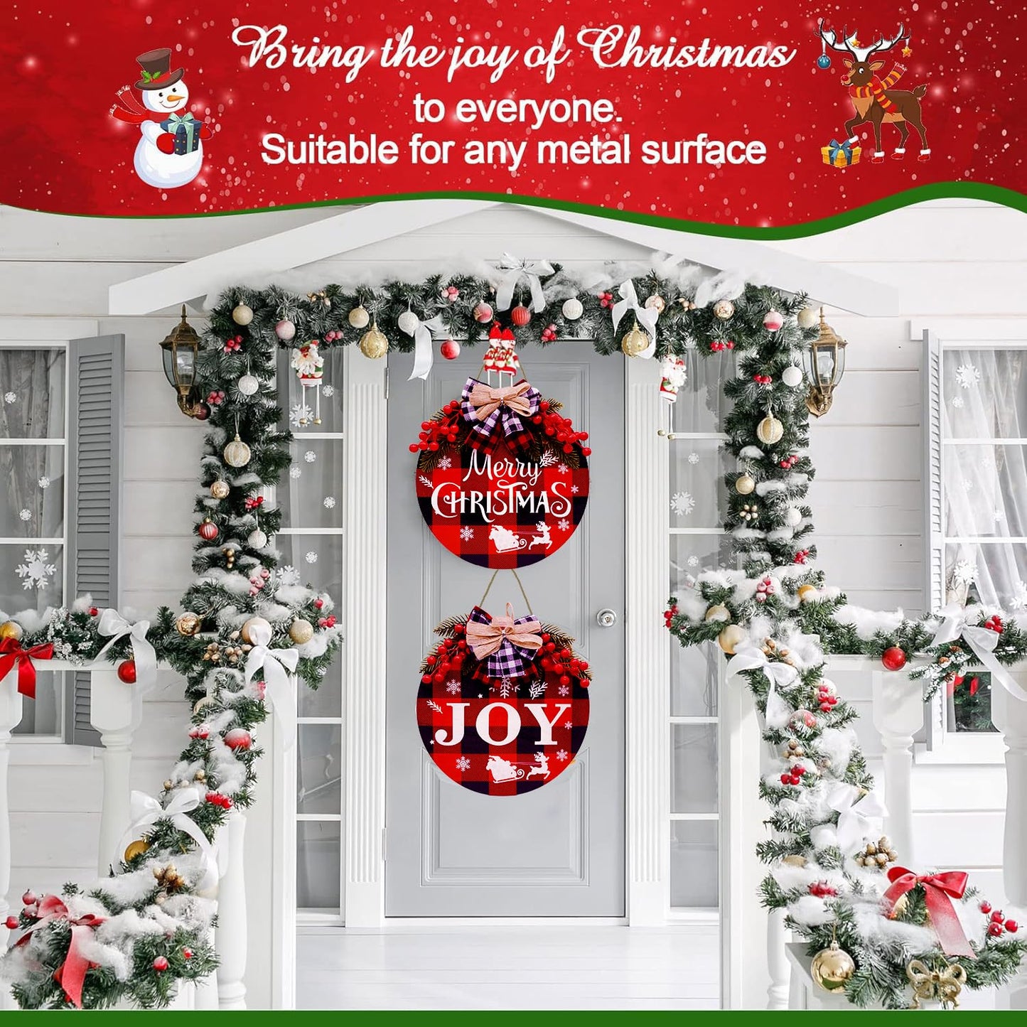 2 PCS Buffalo Plaid Christmas Wall Decor, 12 Inch Merry Christmas Sign Wood Wreath Hanging Porch Window Decoration Indoor Outdoor