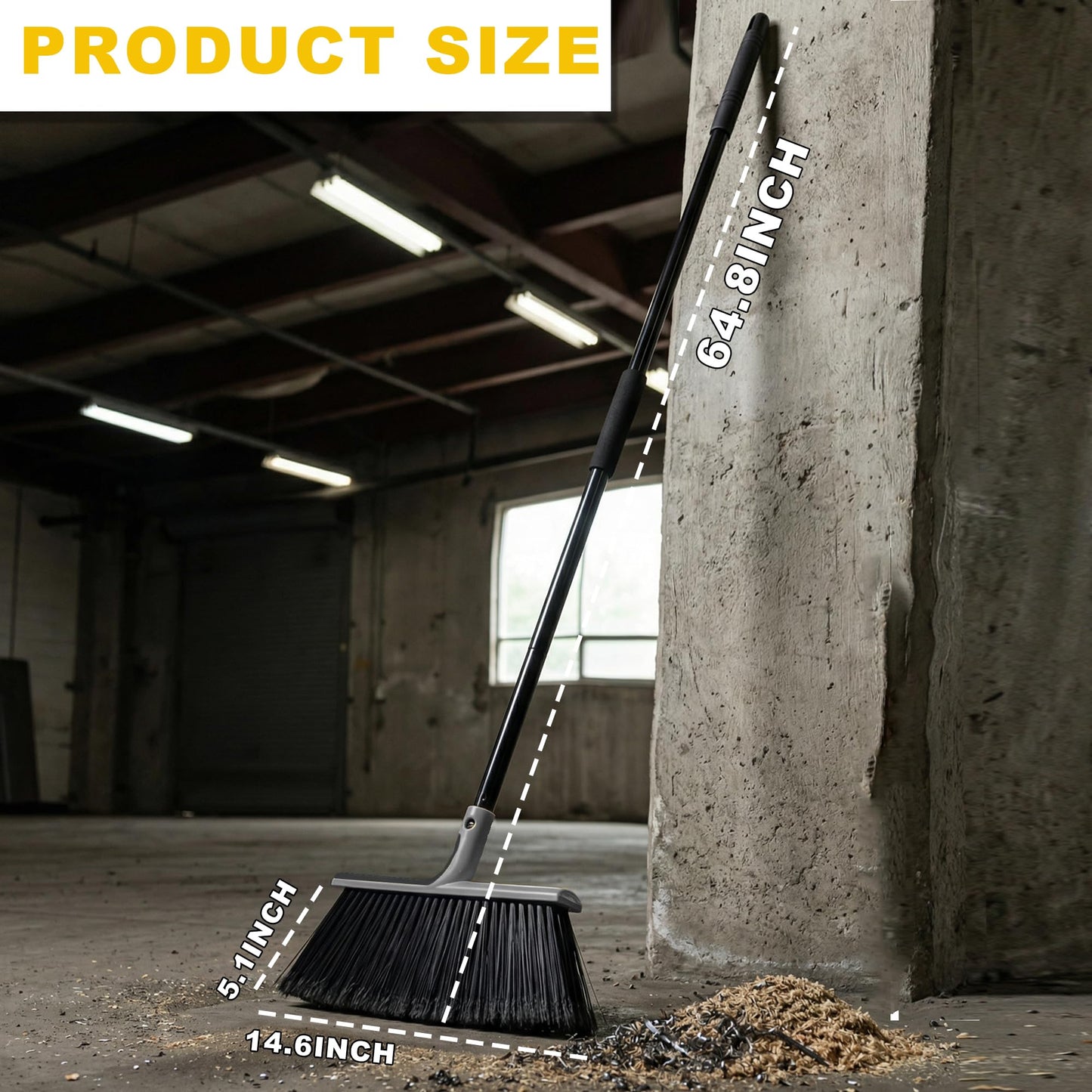 BSMstone Large Angle Brooms Indoor Outdoor Broom with Long Handle Stiff Bristle Sweeper for Kitchen Garage Deck Courtyard Lobby Patio Lawn Leaves (Gray)