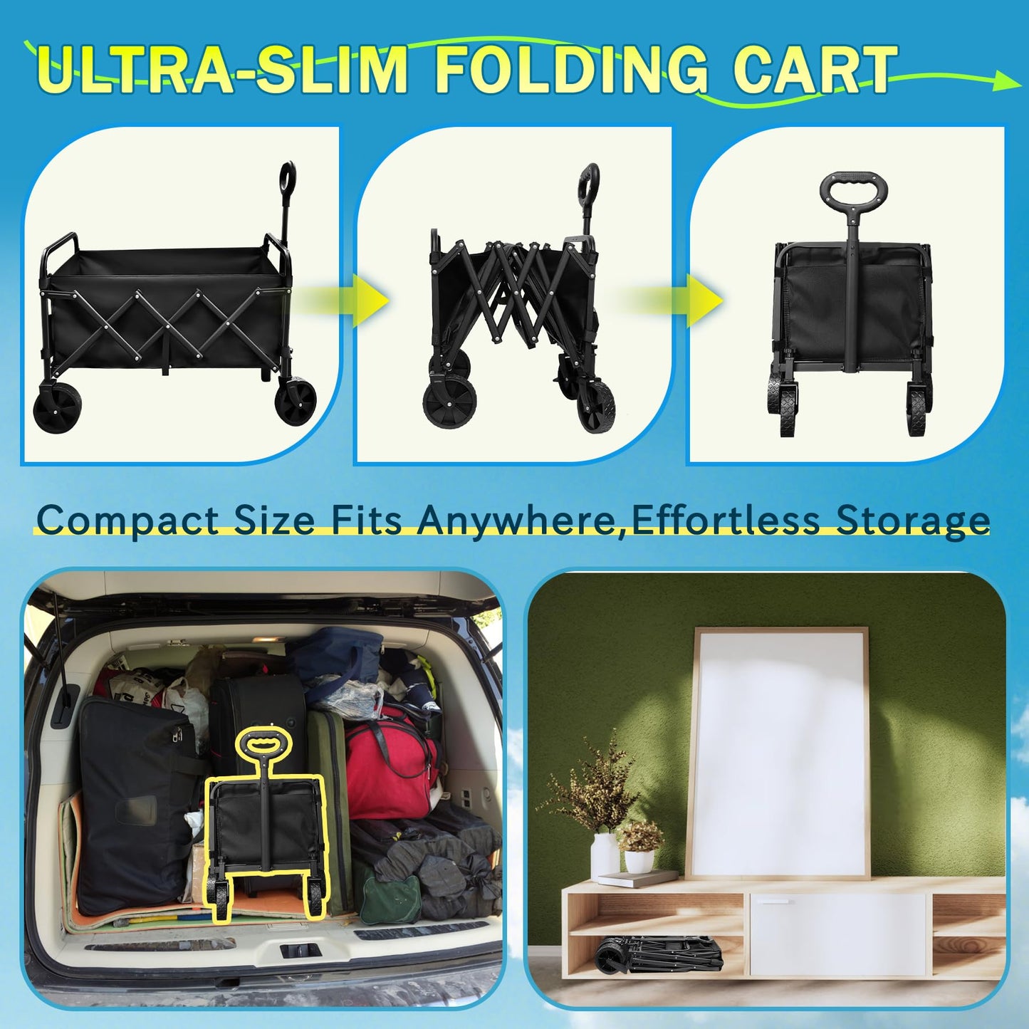 Collapsible Wagon with Wheels, 330 lbs Wagons Carts Foldable Wagon Cart, Carbon Steel Frame Structure, Lightweight Portable Folding Utility Grocery Shopping Cart for Grocery Sports Garden Camping