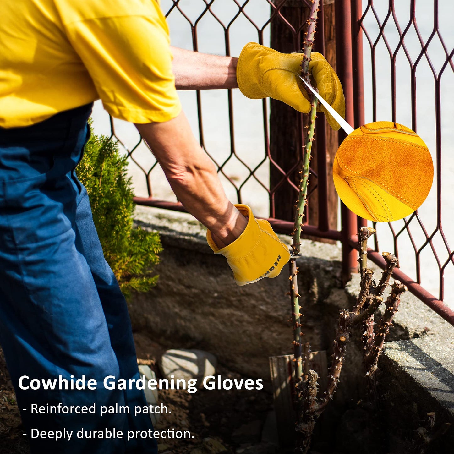 FEISHDEK Yellow Large Cowhide Thorn Proof Gardening Gloves for Men Safety Working Gloves with Durable Grip Reinforced Palm Patch