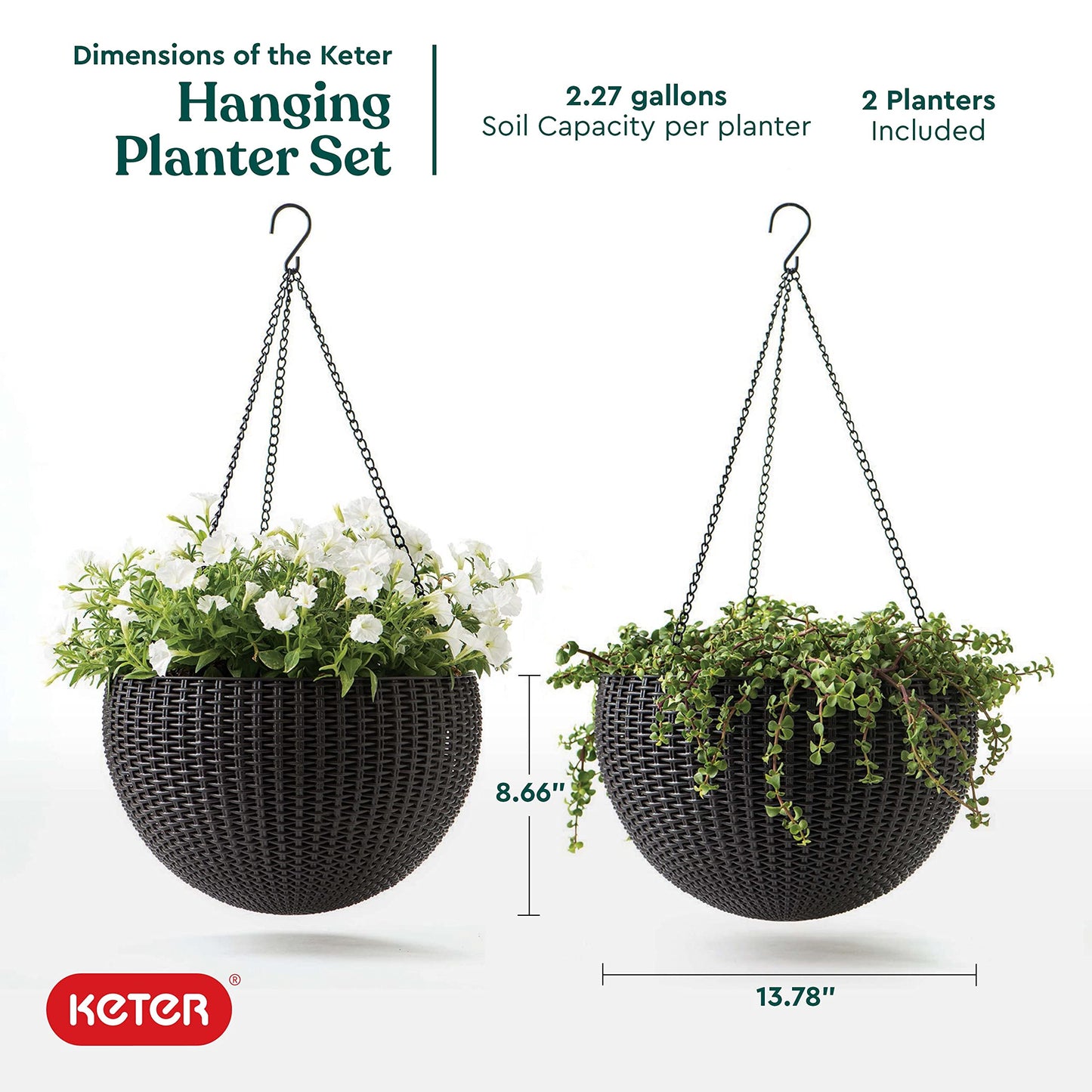 Keter Resin Rattan Set of 2 Round Hanging Planter Baskets for Indoor and Outdoor Plants-Perfect for Porches and Patio Decor, Graphite