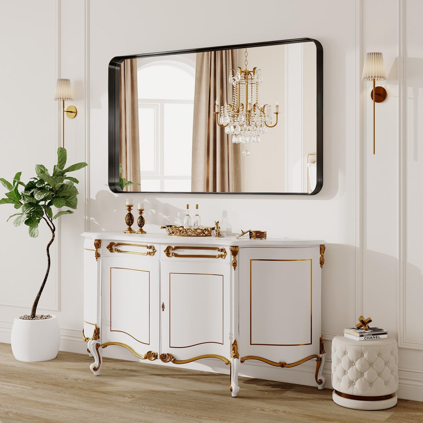 Black Metal Vanity Rounded Rectangle Bathroom Mirrors for Over Sink Wall, 55x30 Inch Large Matte Mirror, Anti-Rust, Modern Decorative for Restroom, Farmhouse
