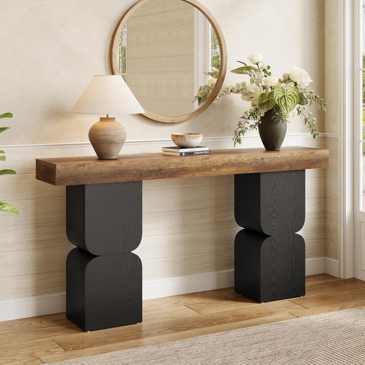 63-Inch Console Table, Heavy-Duty Look, Behind Couch Sofa Table, Color Blocking Design, Bold Structural Presence, Modern Entryway Furniture for Living Room, Hallway, Foyer, Brown + Black