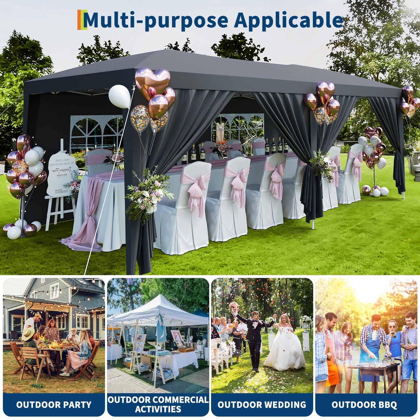 10x20 Pop Up Canopy Tent with 6 Removable Sidewalls, Heavy Duty Easy Up Commercial Party Tent with 3 Adjustable Heights, Waterproof Outdoor Canopy for Events, Wedding & Market, Includes 18 Stakes and