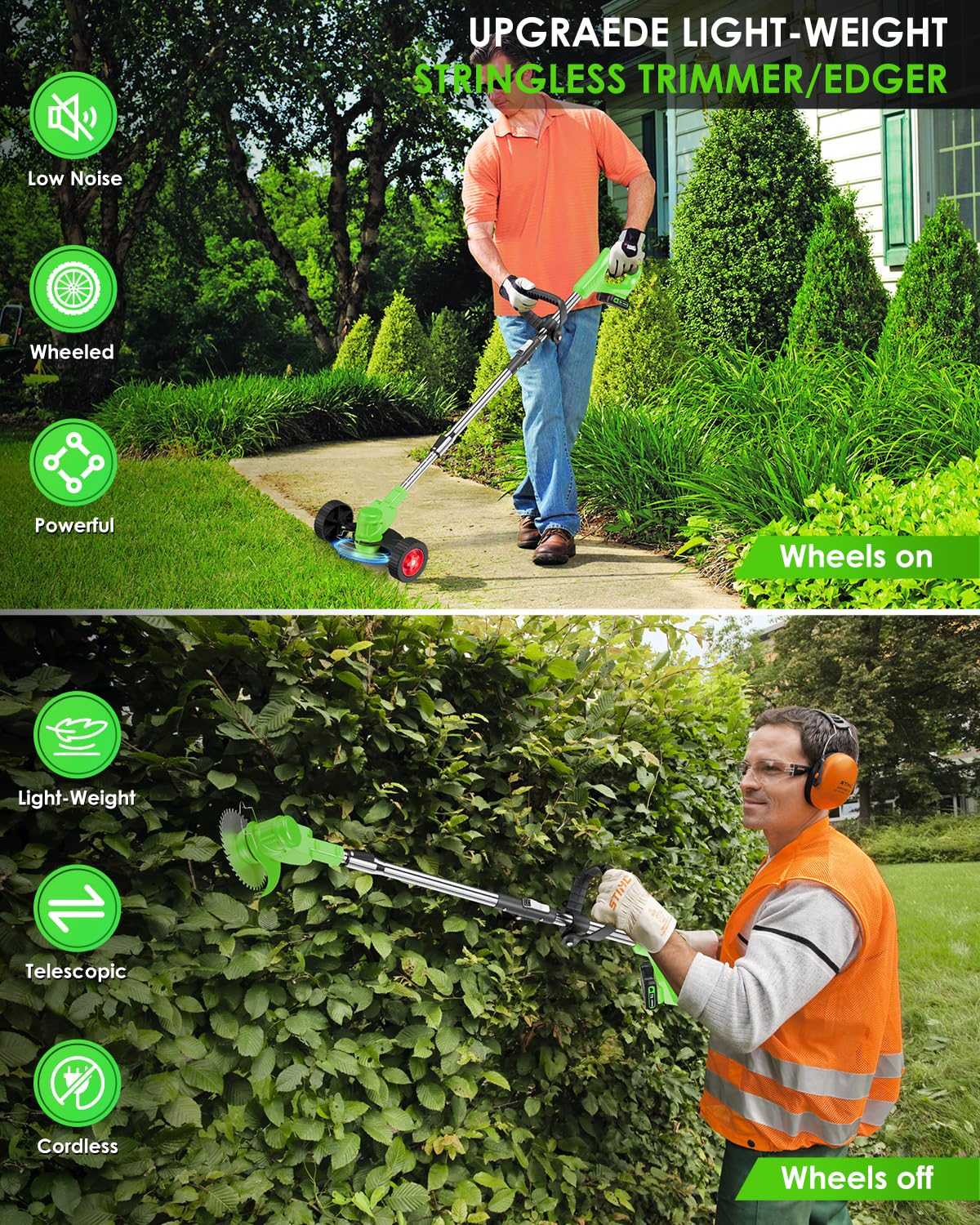 Cordless Weed Wacker Battery Powered, 2-in-1 Electric String Trimmer & Edger, 21V Foldable Grass Cutter with 2.0Ah Battery and Charger, Lawn Tool for Garden Yard Maintenance