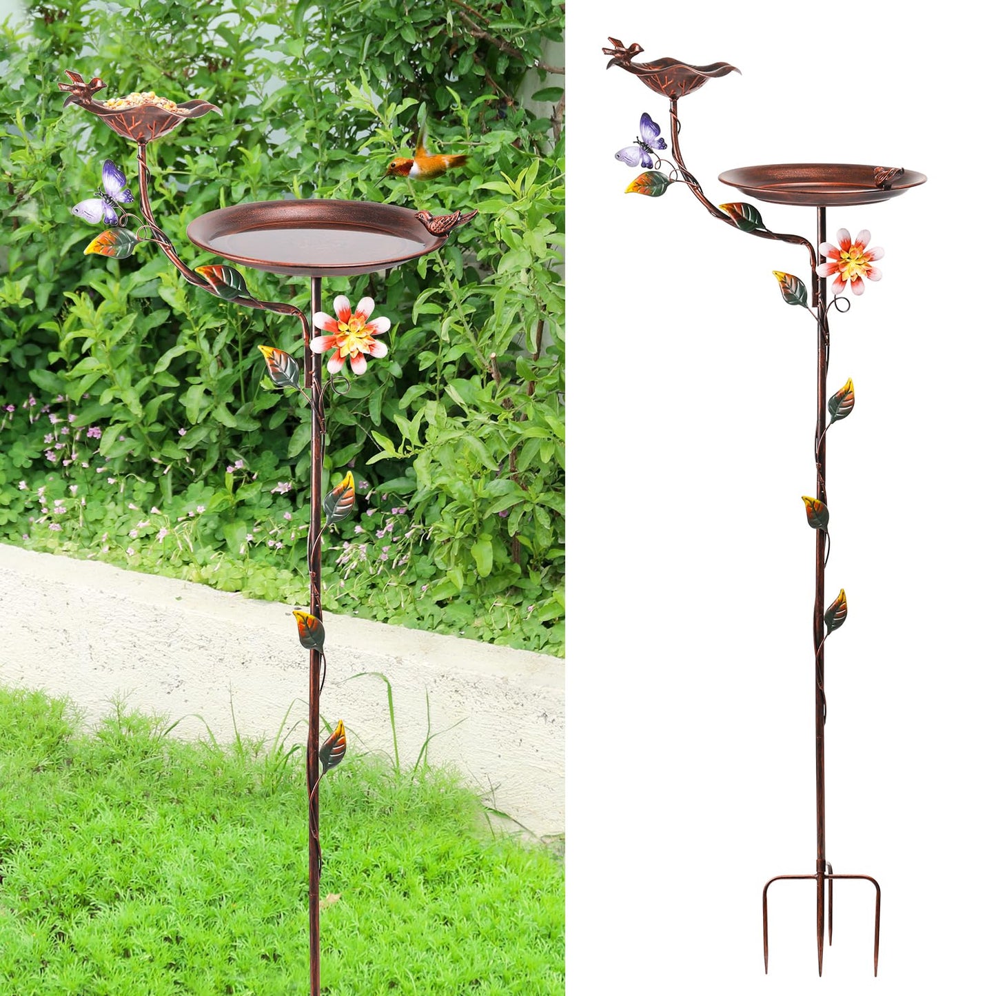MUMTOP Bird Baths and Feeder for Outdoors, 55 inch Height Metal Birdbath Antique Garden Bird Feeder with Metal Stake for Garden Outside Yard Lawn Decorations, Copper
