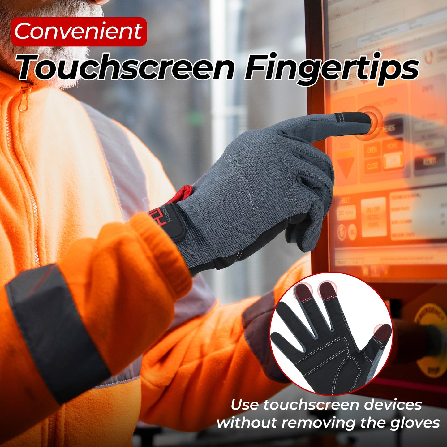 HANDLANDY Mens Work Gloves Touch screen, Synthetic Leather Utility Gloves, Flexible Breathable Fit- Padded Knuckles & Palm (Large)