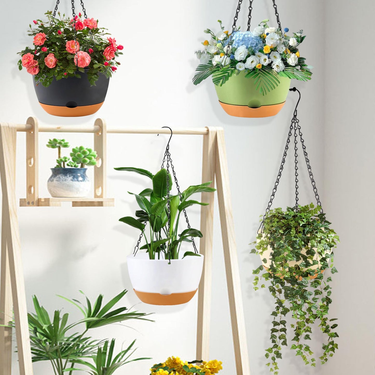 KPUVX 4 Pack Hanging Planter for Plants Indoor,8 Inch Plant Pot Outdoor Plastic Hanging Baskets with Drainage Holes and Chain for Garden Porch Plants(White+Black+Green+Beige)