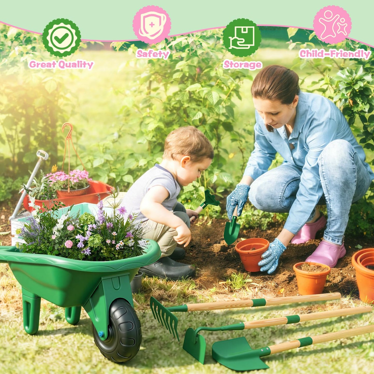 Dutywand Kids Gardening Tools Set with Wheelbarrow, Wooden & Metal Outdoor Gardening Toys for Summer Outdoor Yard Digging & Weeding, Easter Birthday Gifts for Boys Girls Age 3+ Years (Green)