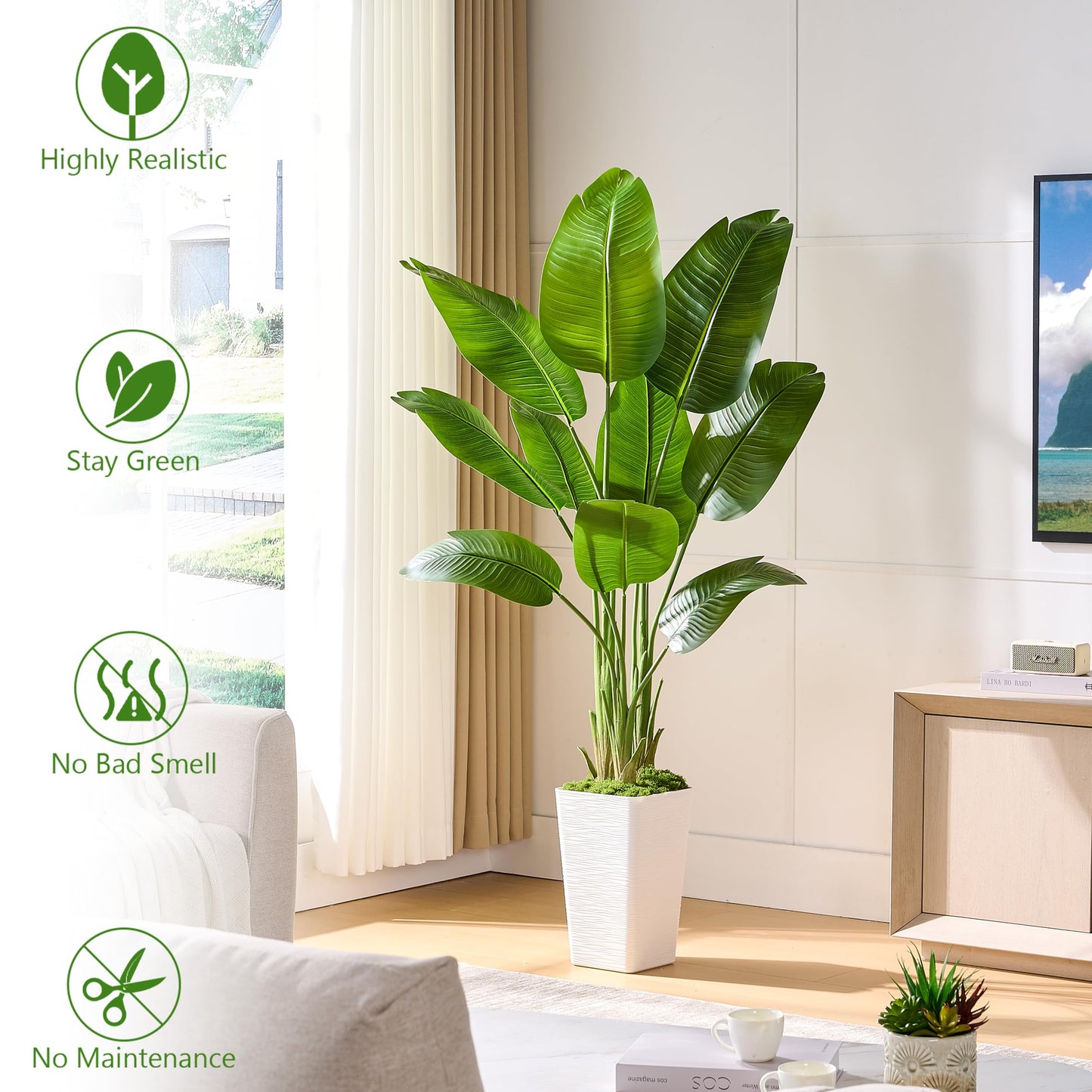 Bird of Paradise Artificial Plant, 5FT Faux Plants Indoor Banana Leaf Tree with 9 Leaves, Large Fake Tropical Potted Indoor Silk Floor Plant with White Tall Planter for House,Office,Room,Home Decor