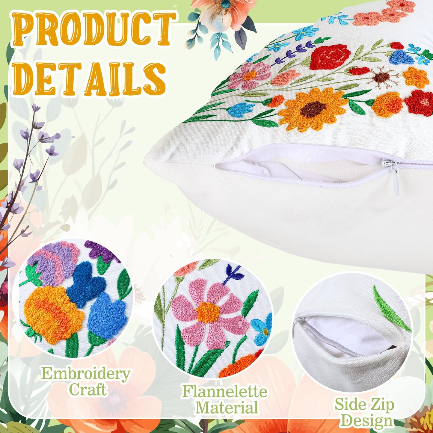 Mindsoft 2 Pcs Flower Throw Pillow Covers 18 x 18 Inch Spring Embroidered Pillow Cover with Zipper Colorful Floral Pillowcase Soft Boho Cushion Case for Living Room Couch Sofa Bed