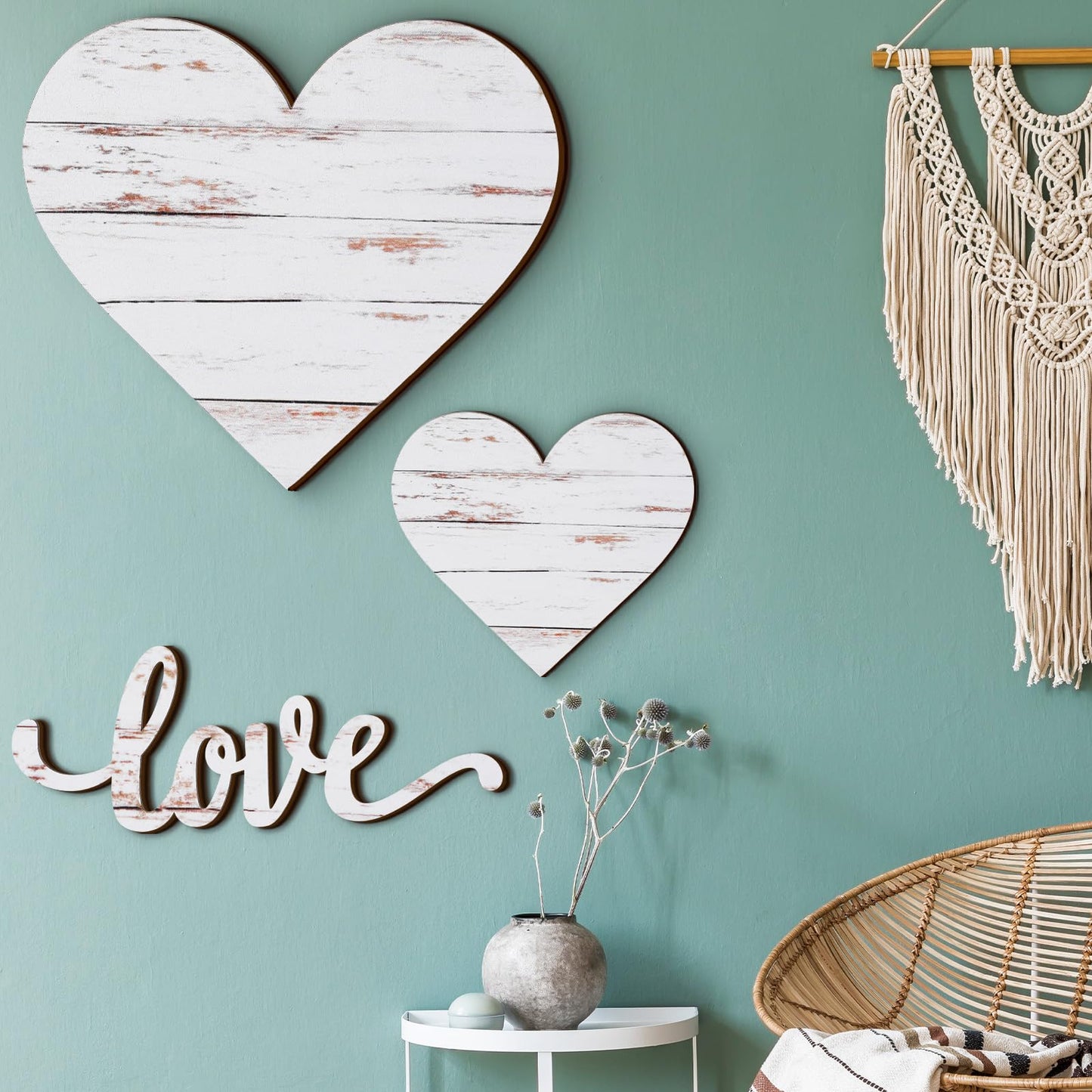 Chitidr 3 Pcs Wooden Hearts Decor Heart Wooden Sign Rustic Hanging Love Plaque for Wall Home Farmhouse Living Room Bedroom Gifts(White)