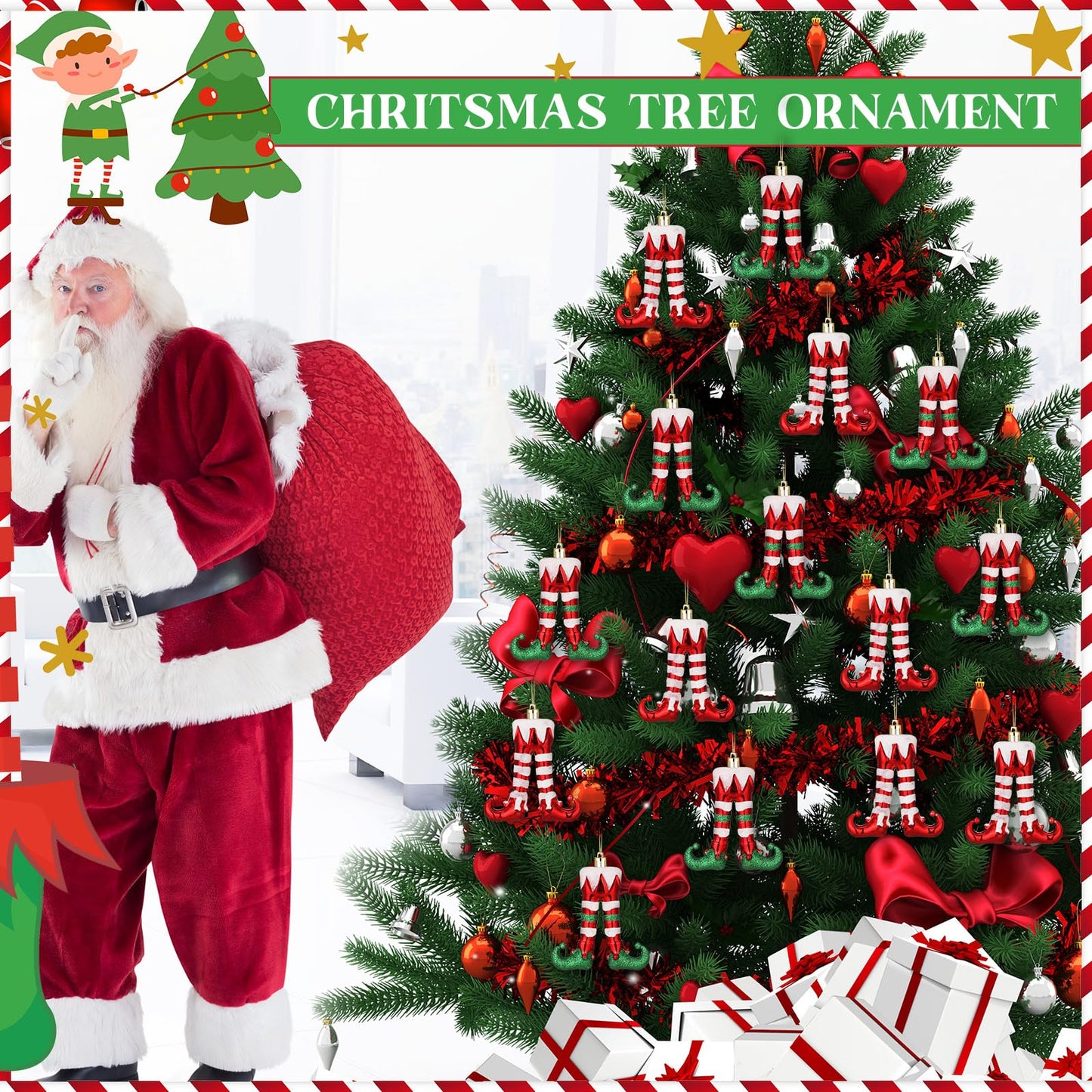 Soulchen 10 Pcs Christmas Elf Legs Ornaments Xmas Red Green White Feet Tree Topper Plastic Elf Feet Hanging Decorations with Gold Rope for Holiday Party Crafts Home Decor