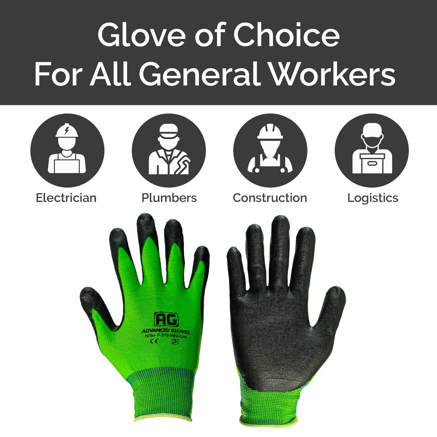 ADVANCED GLOVES – NiTex P-12 Nylon Nitrile Gloves, Breathable Nitrile Foam Coated Utility Gloves for Insulated Grip, Green, 6-Pair, Large