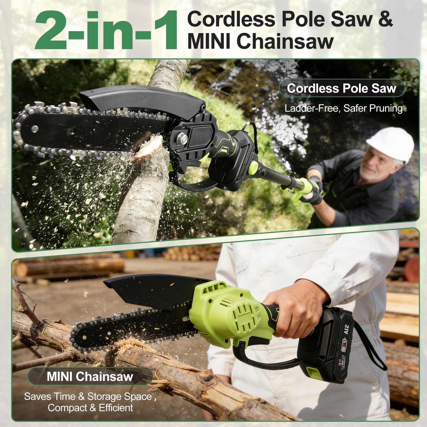 Electric Pole Saw, 6 Inch Battery Powered Tree Trimmer and Handheld Mini Chainsaw with Adjustable Extension Pole for Branch Limb Cutting,Pruning,Yard,Garden, Brushless Pole Saw