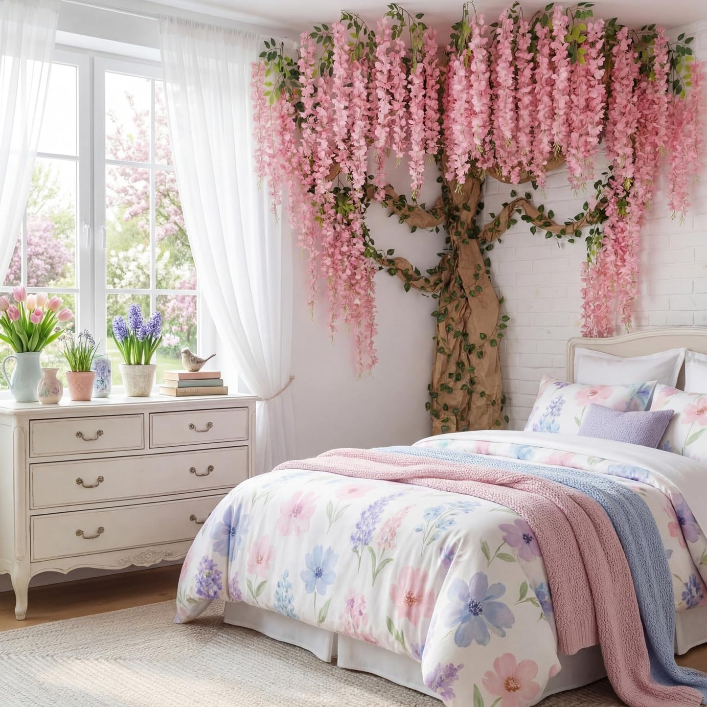 XunYee 3D Wisteria Tree Wall Decor for Room Classroom Ceiling Artificial Wisteria Hanging Flowers DIY Cardboard Paper Tree with Green Vine Kraft Paper Fairy Bulletin Board Decorations(Pink)