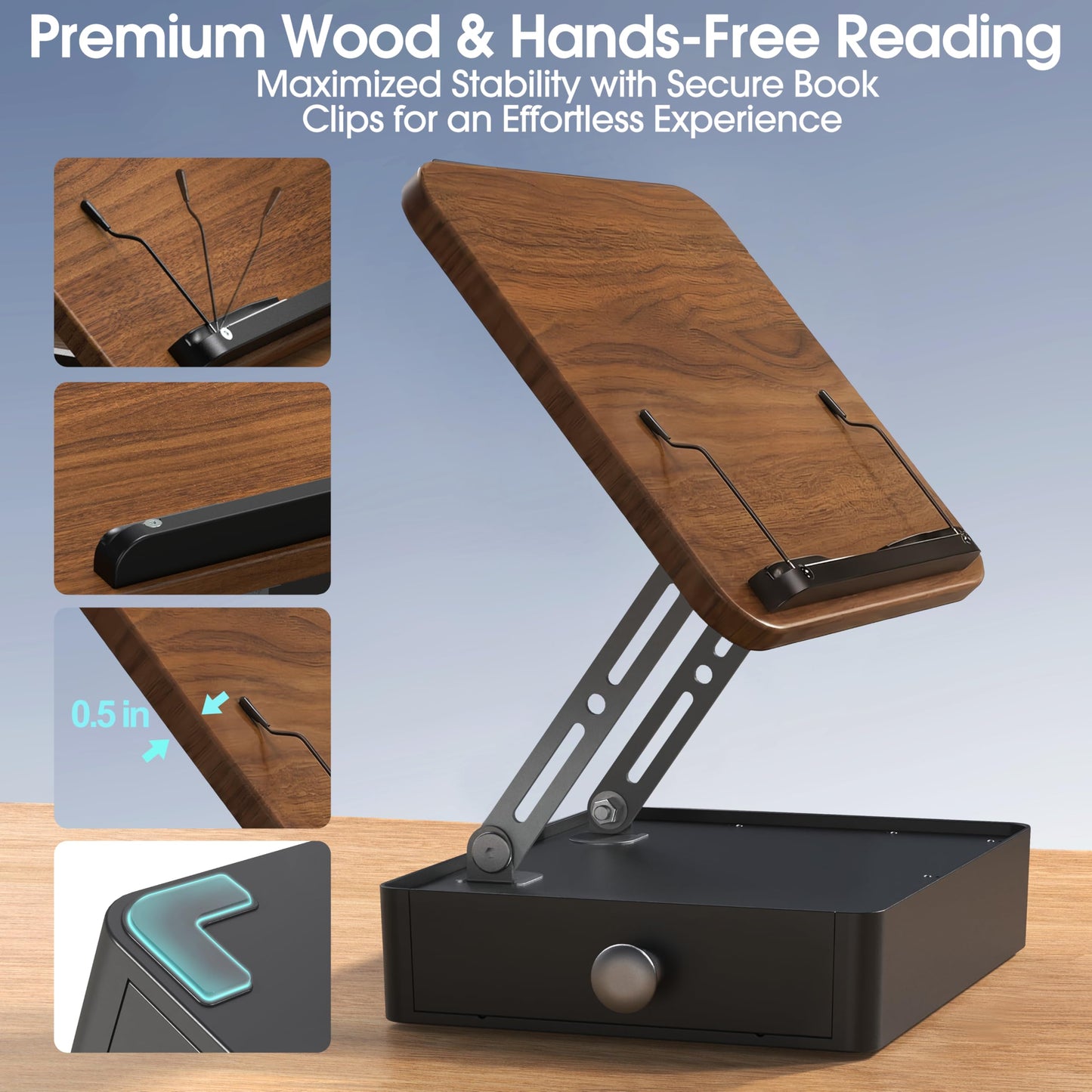 Book Stand with Storage Drawer, Adjustable Wooden Reading Stand for Desk, Ergonomic Height & Angle Book Holder for Textbooks, Cookbooks, Documents (Walnut Finish, 9.8" x 13.8" Large Panel)