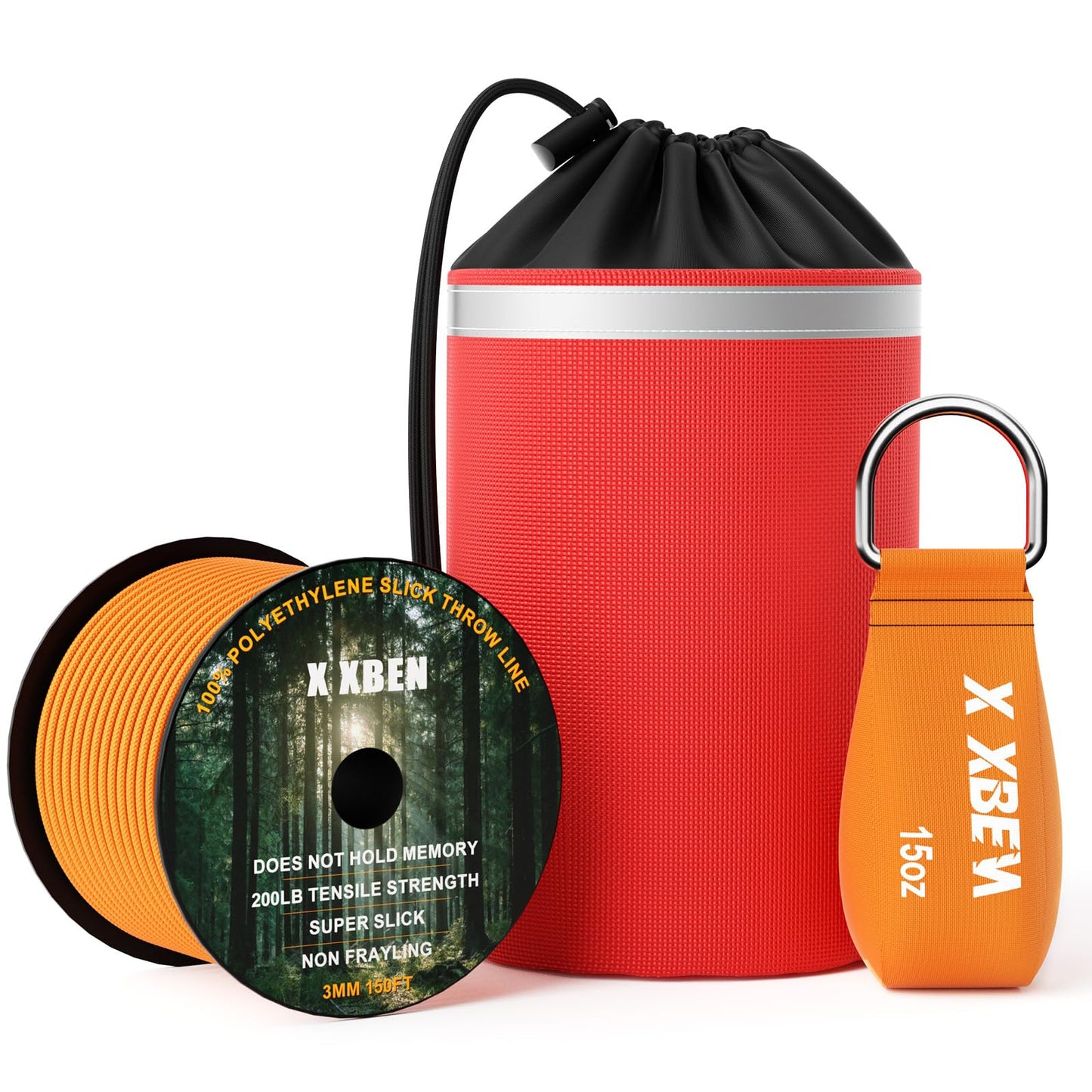 XBEN Arborist Throw Line Kit with 15oz Throw Weight, 150ft 3/19" Slick Rope & Reflective Storage Bag, Polyester Coated for Tree Trimming, Camping, Forestry Gear (4"x6" Orange Bag)