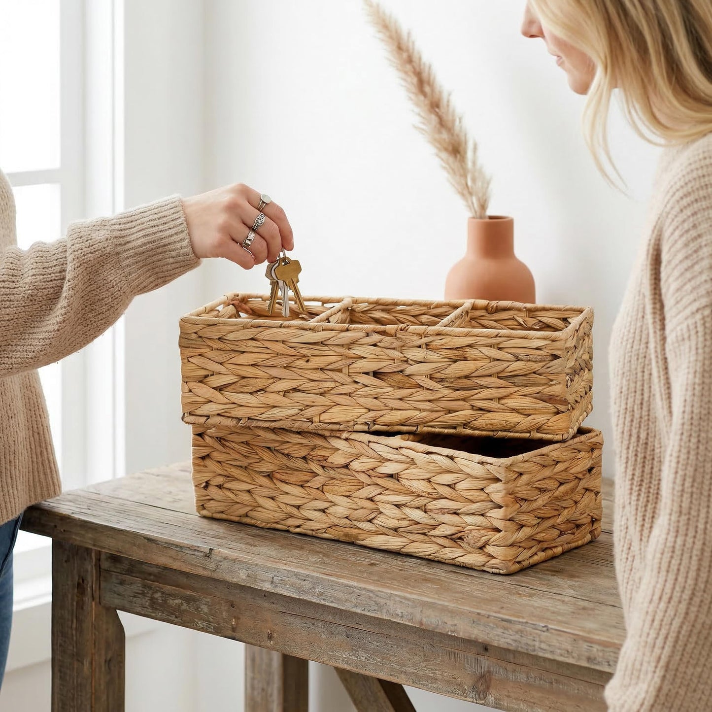 Pumtus 2 Pack 3-Section Woven Baskets, Water Hyacinth Storage Bin, Handwoven Desk Organizer, Toilet Paper Container, Rectangle Holder for Counter Top Toilet Tank Shelves Coffee Bar Pantry