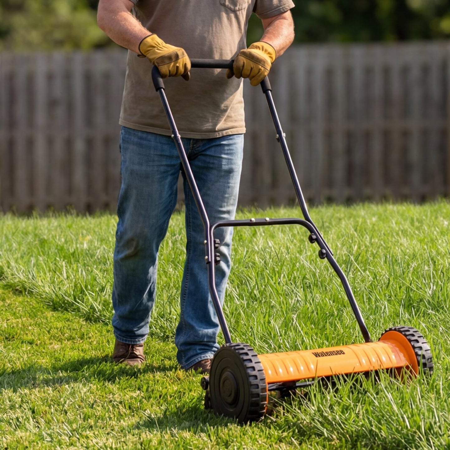 Walensee Push Reel Lawn Mower, 14-Inch 5-Blade Cordless Manual Reel Lawn Mower, Walk-Behind Steel Lawn Mower with 4-Position Cutting Height Adjustment & Sponge Grip