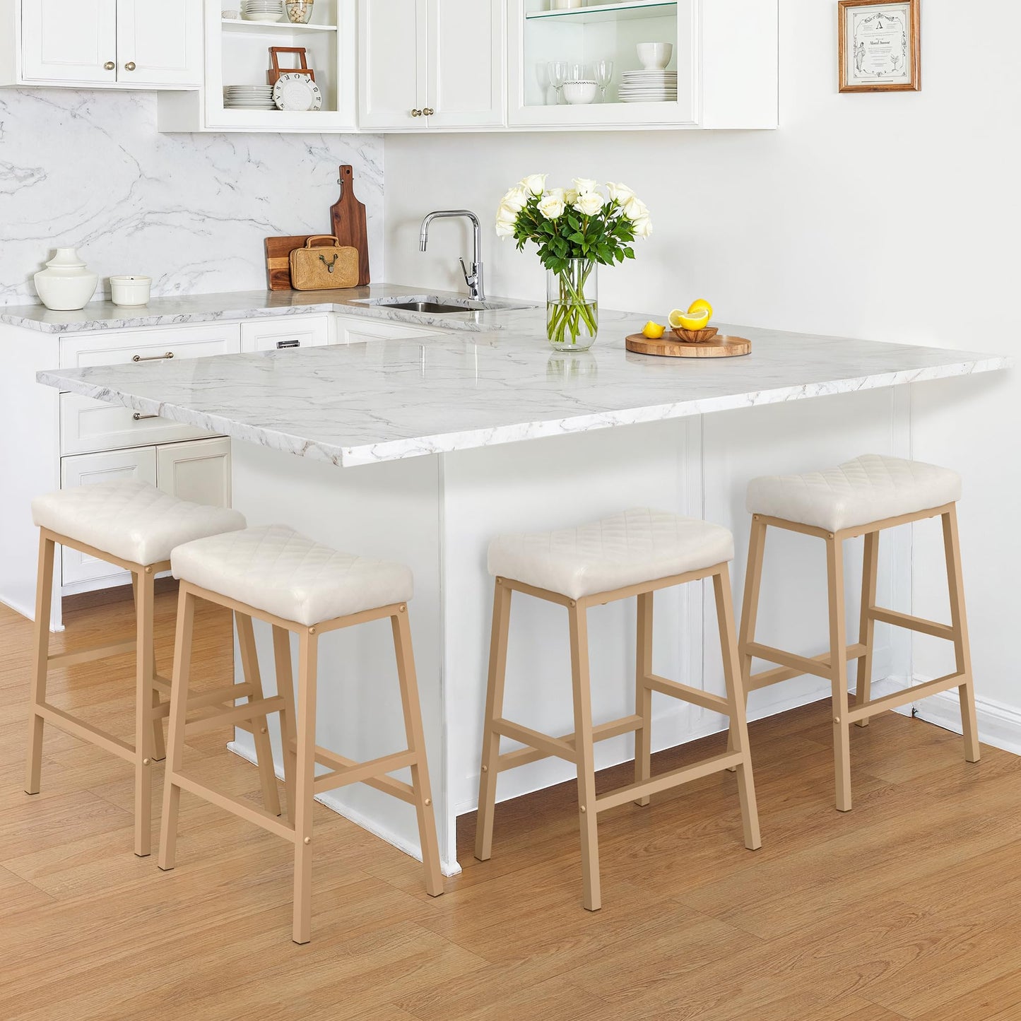 Compsia Counter Height Bar Stools Set of 3, Barstools with Thick PU Leather Saddle Seat & Black Metal Legs, 24 Inches Kitchen Counter Stools, Lvory White