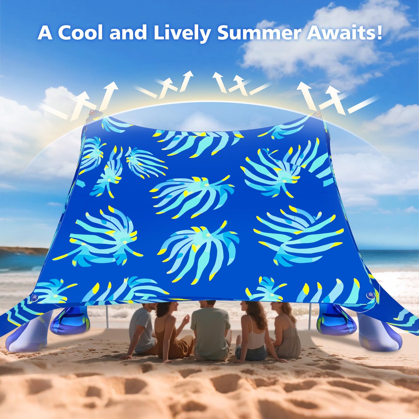 2PM SPORTS Beach Tent Sun Shelter 10x10 FT - UPF 50+ UV Protection, 8 Sandbags, Easy Setup, Portable Beach Shade Canopy for Family Picnic Camping Travel