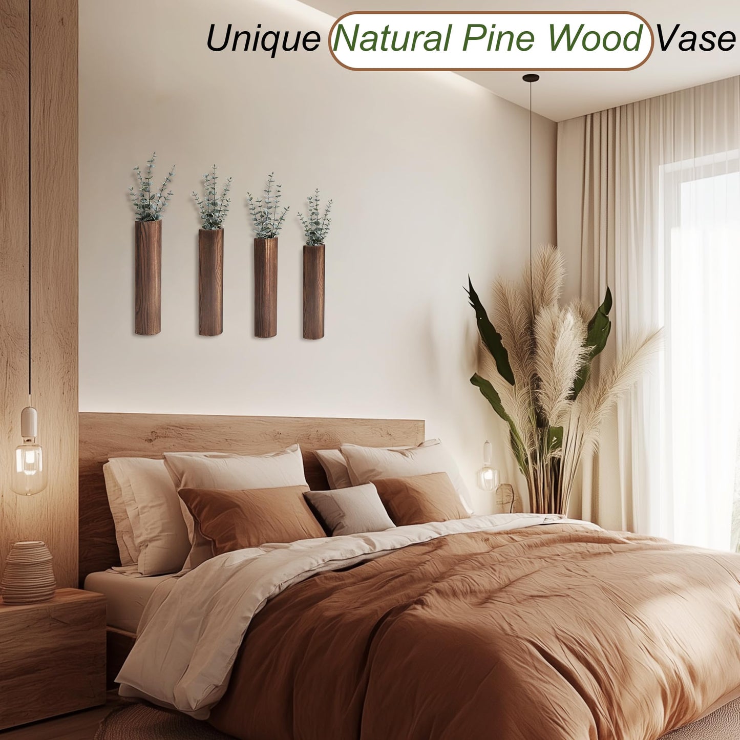 Fttoyoly Wood Wall Planter with 20 pcs Artificial Eucalyptus, Modern Decor for Living Room Bedroom Bathroom Entryway, Farmhouse Boho Wall Vases for Dried Flowers and Faux Plants - 4 Pack