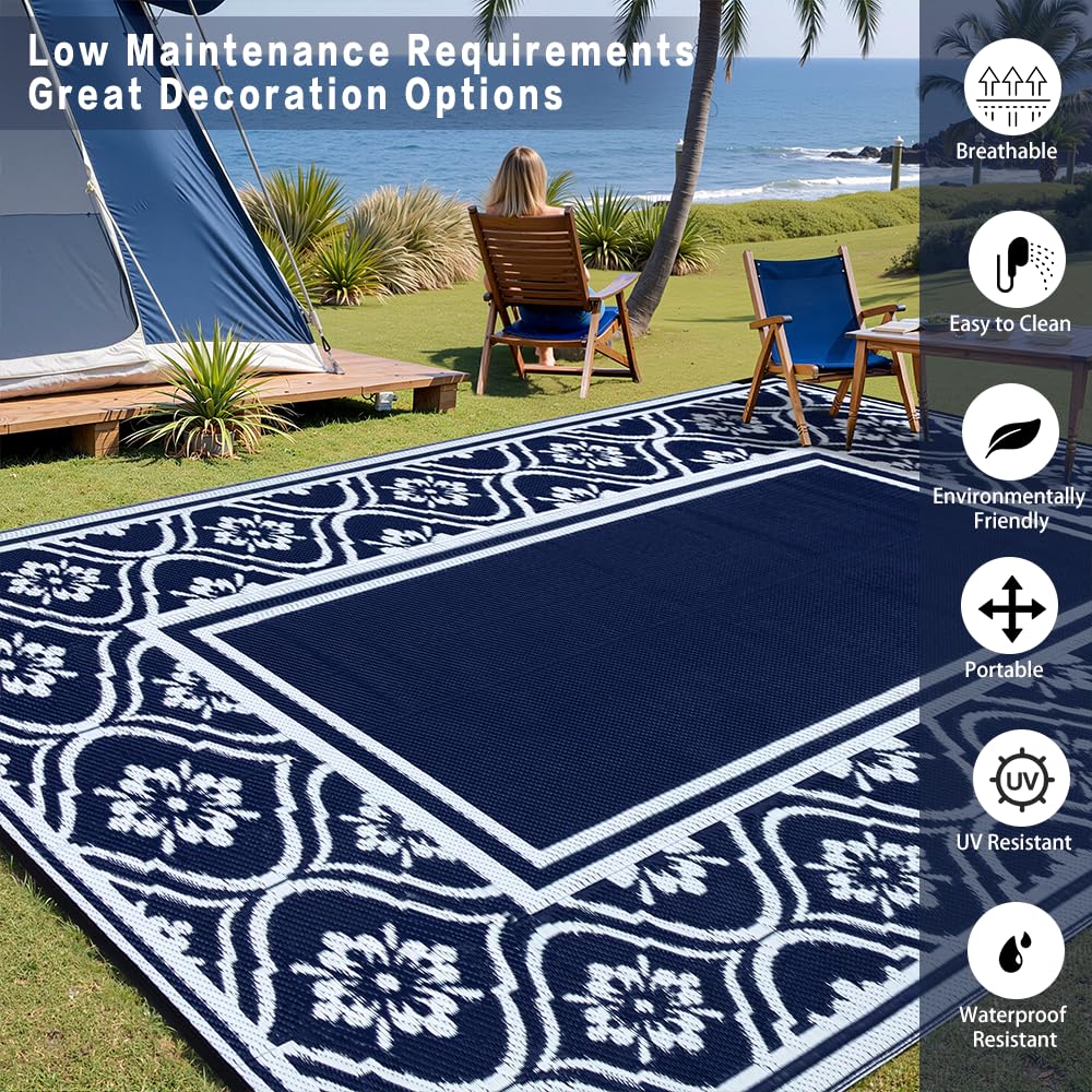HUGEAR Outdoor Rug 8x10 Patio Camping Carpet Waterproof Mat Blue Outside Plastic Area Rug Reversible Rugs for RV Deck Entryance Porch Picnic Balcony Beach(8x10ft Navy Blue&White)