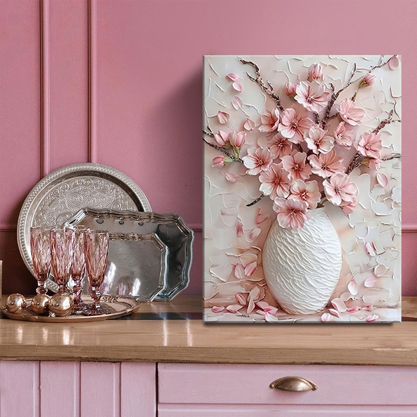 Pink Floral Canvas Wall Art sakura Flowers Botanical painting Decor Pictures Cherry blossoms Posters Prints for Living Room Classroom Bedroom office corridor bathroom Decoration