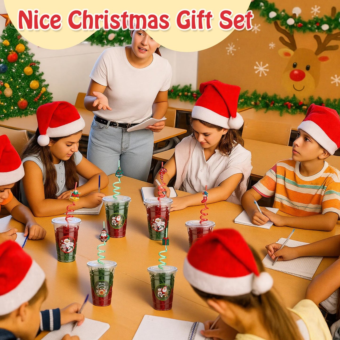 Vesici 124 Pcs Christmas Plastic Cups Bulk with Lids Straws Stickers Raffia Snowman Santa Claus Plastic Cups Xmas Disposable Clear Mugs Party Favor Holiday Birthday Wedding Party Supplies, 24 Sets