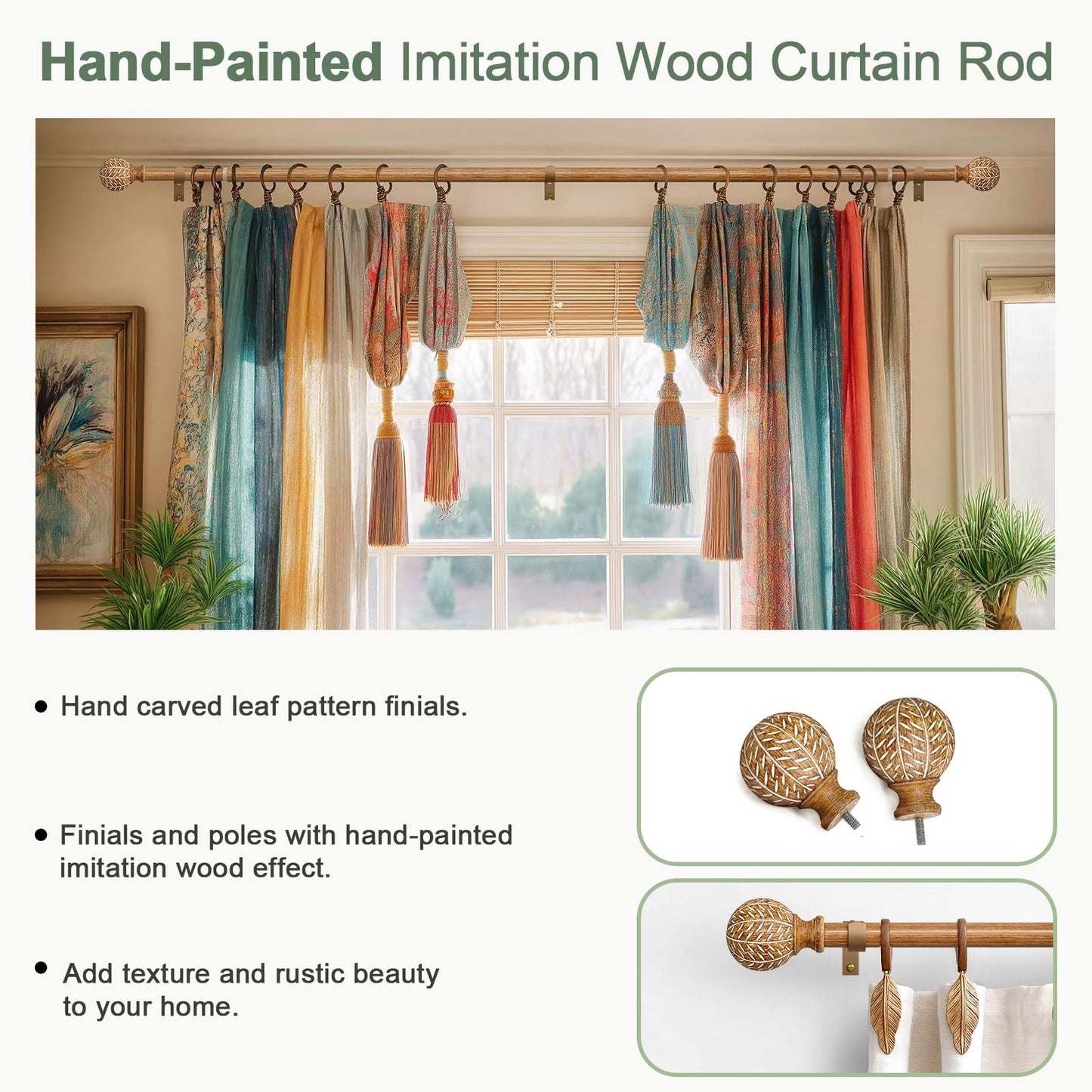 QDWIS Wood Curtain Rods for Windows 48 to 84 Inch,1'' Diameter Drapery Rods with Imitation Wood Grain Leaf Pattern Finials,Boho Adjustable Heavy Duty Curtain Rods Set,36-88'',Color:Natural Wood