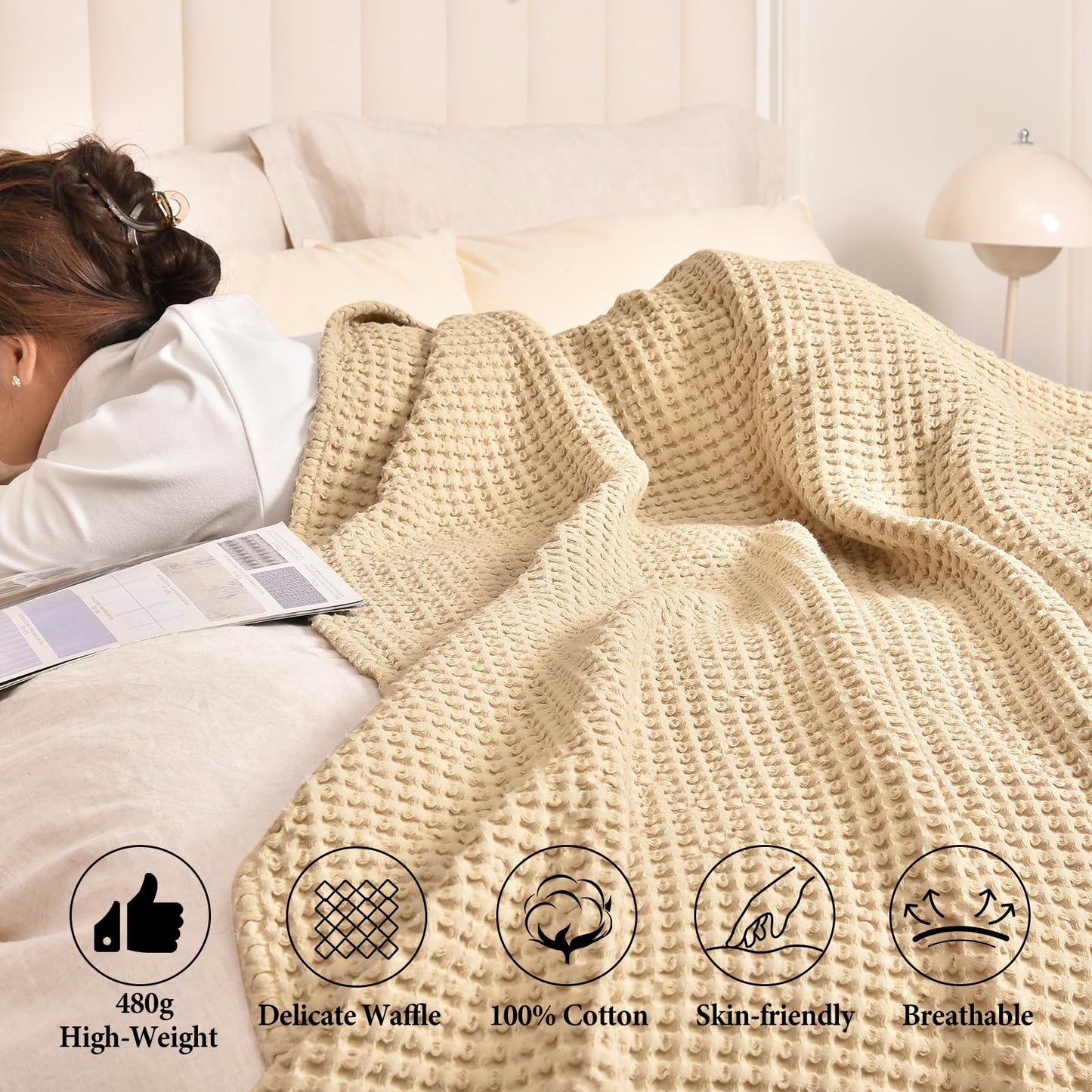 PHF 400GSM 100% Washed Cotton Waffle Weave Blanket, Cozy Breathable Skin-Friendly Throw King Size for All Season, Luxury Fall Layer Bedspread for Couch Bed Sofa, Elegant Home Decor,Beige,104"x90"