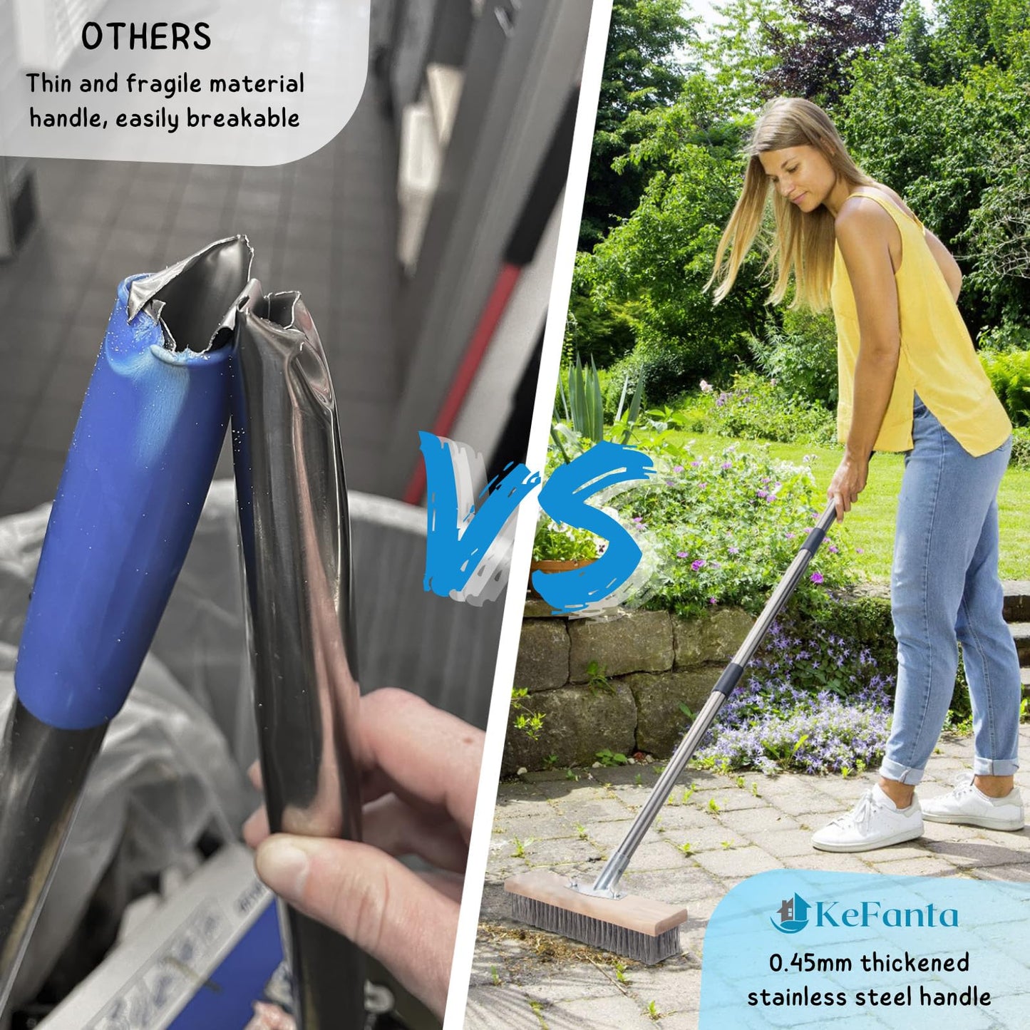 Stainless Steel Wire Scrub Brush with Long Handle for Deck, Concrete, Patio Floor Cleaning, 59'' Heavy Duty Stiff Metal Bristle Scrubber Broom for Outdoor Moss Removal