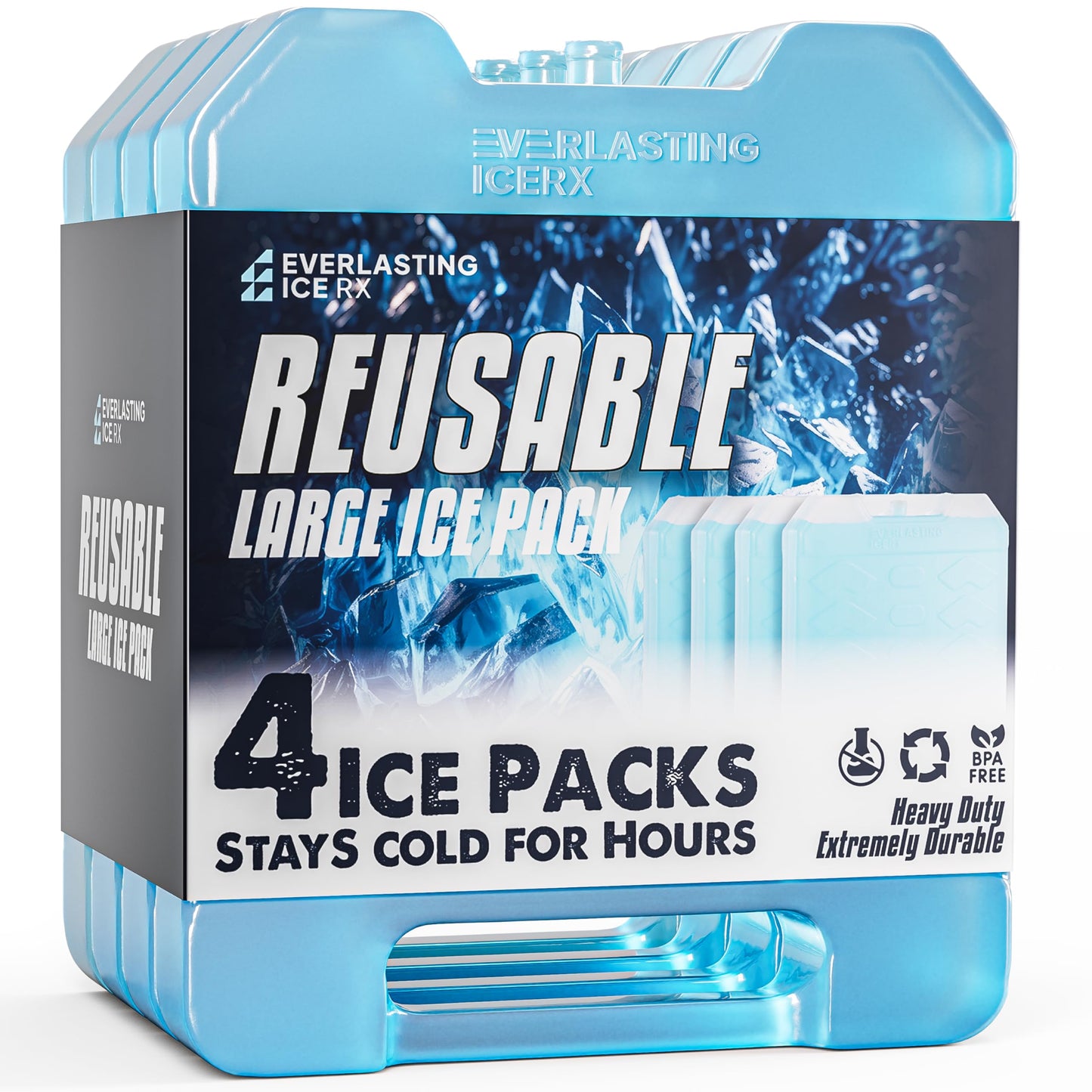 Large Reusable Ice Packs for Cooler with Handle (4 Pack) Long Lasting Coolness, BPA Free, Freezer Packs for Extended Cooling | Cooler Ice Packs for Camping, Fishing, Hiking, Beach