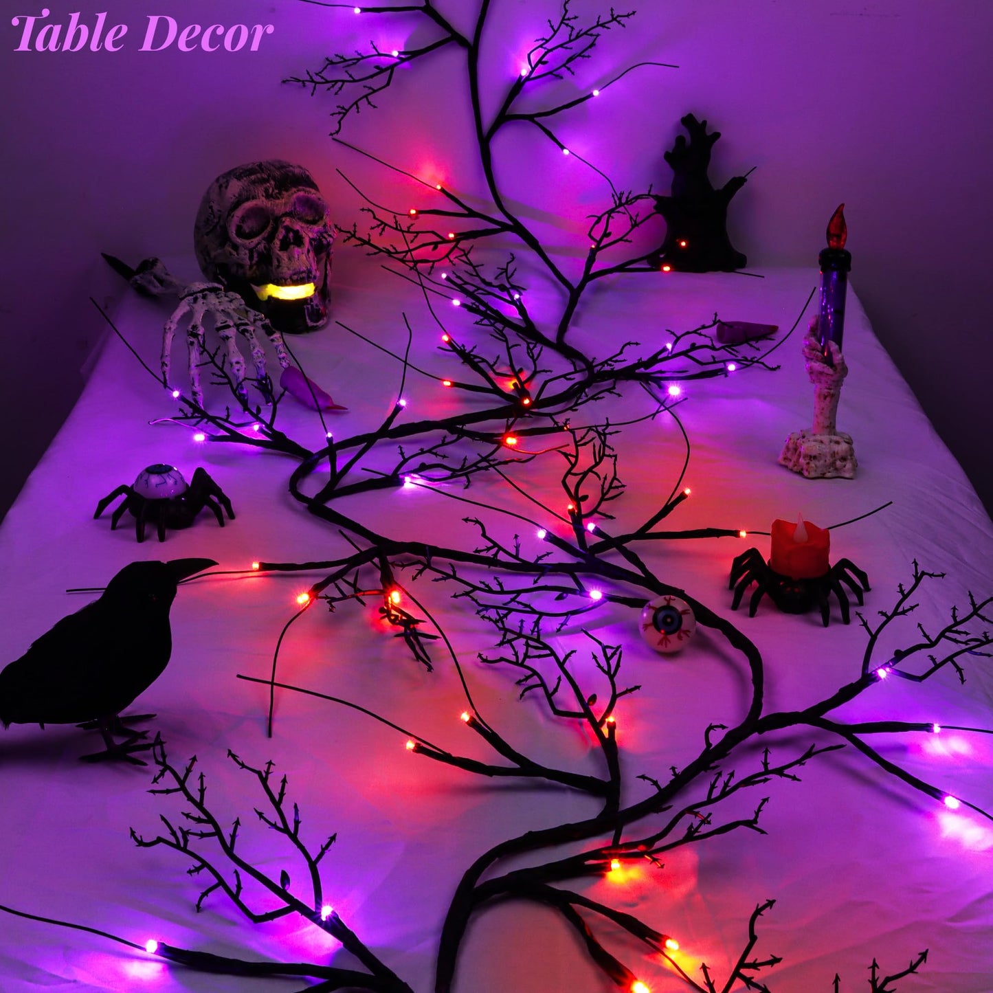 9FT 72 LED Willow Vine Twig Decorations Black Halloween Garland with Orange & Purple Light, 8 Modes Battery Operated Halloween Lights Indoor for Mantle Fireplack Table Home Office Room Party Decor