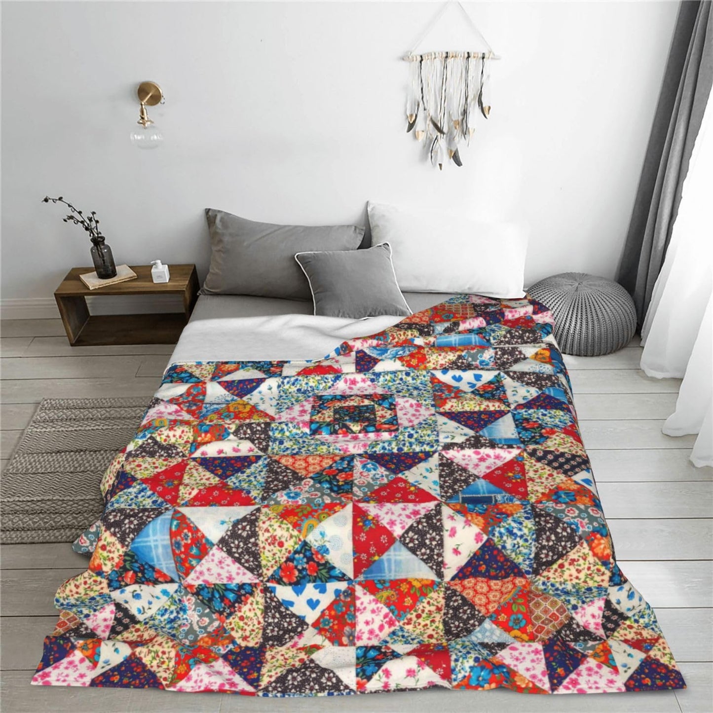 Printed Abstract Floral Boho Patchwork Throw Blanket Ultra Soft Cozy Flannel Fleece Blanket Fuzzy Warm Lightweight Bedding for Couch Sofa Chair Bed Living Room Bedroom Decor,50"X40"