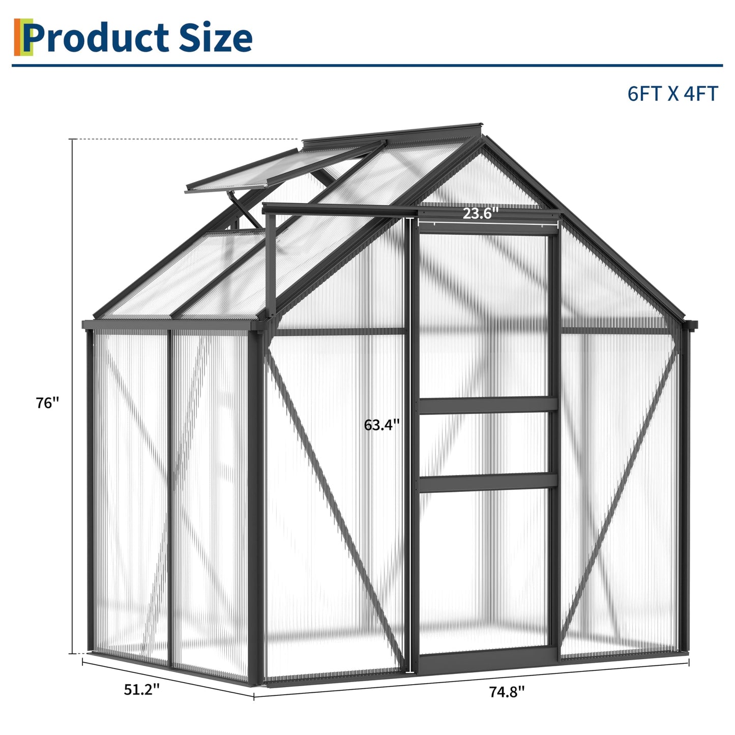 GarveeHome 6x4 FT Walk-in Polycarbonate Greenhouse - Heavy Duty Aluminum Frame with Base Kit, 4mm Double-Wall UV Protected Panels, 5-Position Adjustable Roof Vent & Sliding Door, Winter Plant House