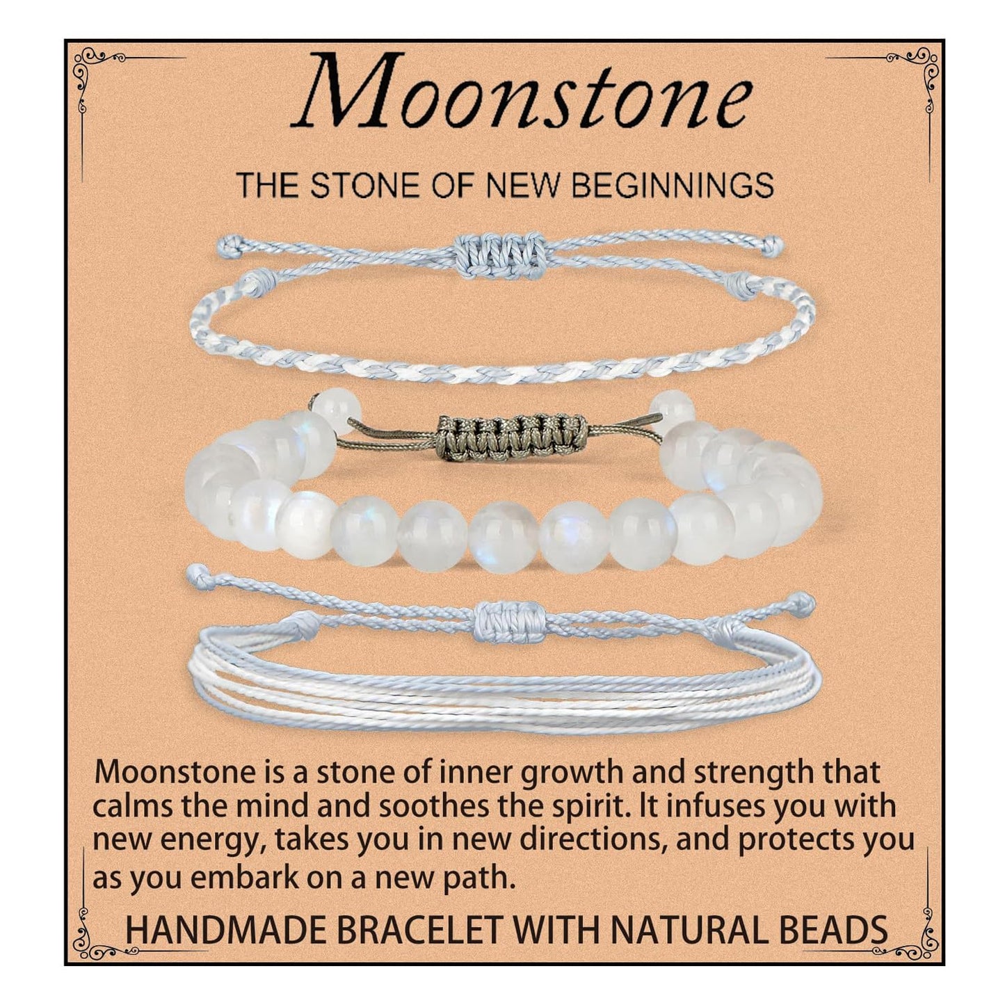 QOGIR Handmade Healing Stones Bracelet,8mm Natural Rainbow Moonstone Gemstone Beaded Bracelet,for Men Women Gifts with 2PCS Size Adjustable Rope Bracelets