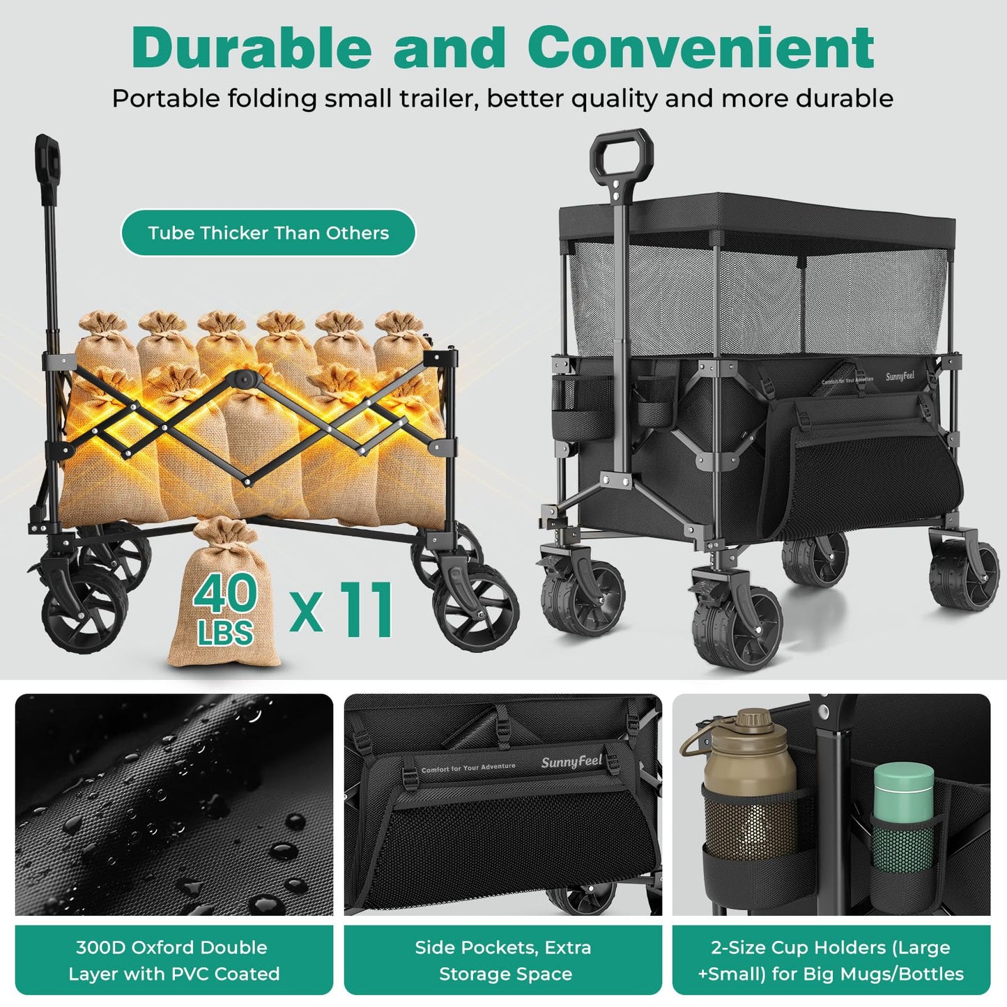 SUNNYFEEL 445L Extra Large Folding Wagon Cart with Canopy, 440 LBS Heavy Duty Collapsible Utility Cart with All-Terrain Wheels, 3-in-1 Portable Wagon for Garden, Groceries, Camping, Beach, Shopping