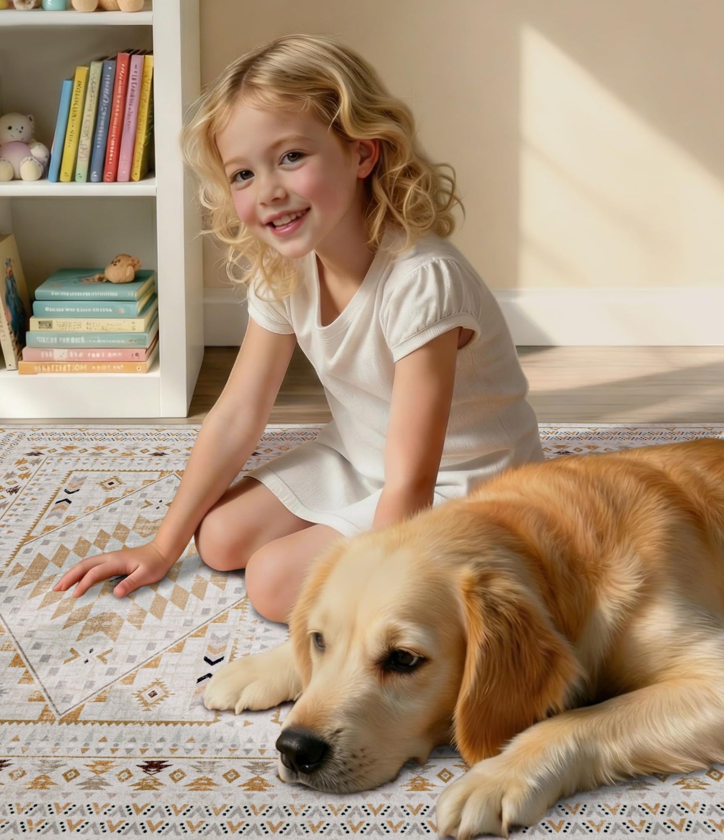 Boho Farmhouse Area Rug 5x7, Washable Tribal Rug for Bedroom, Non-Slip Medallion Rugs for Living Room Dining Room, Entryway (Beige/Yellow, 5'x7')