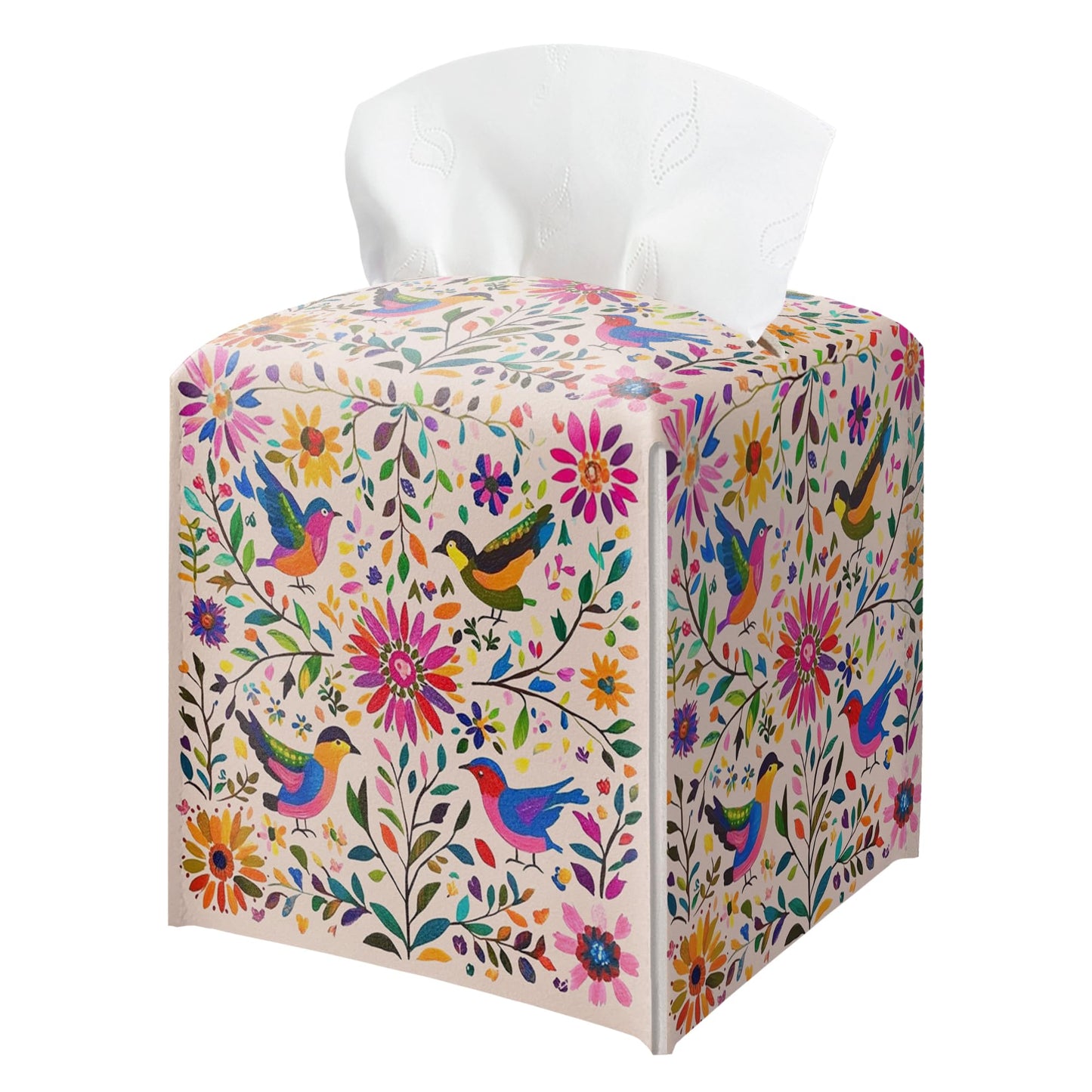 Floral Bird Tissue Box Holder, Scandinavian Leather Tissue Box Cover Square with Bottom Belt, Paper Napkins Everyday Dispenser for Bathroom Night Stands Kitchen Office Car Home Decor