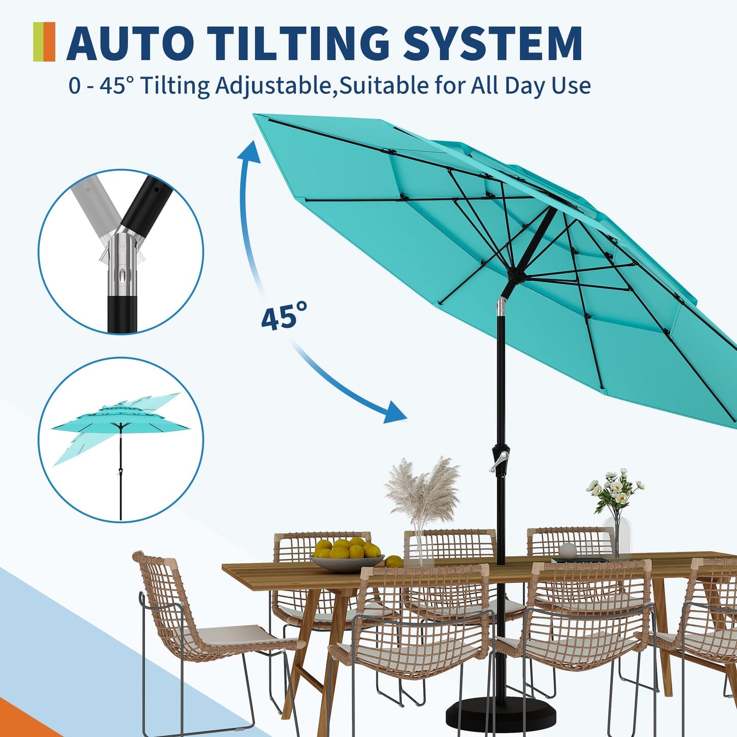 Garvee 9Ft Outdoor Patio Umbrella, 3-Tiers Market Umbrella with 8 Sturdy Ribs & Hand Crank, Outdoor Table Umbrella for Poolside, Beach, Garden(Blue)
