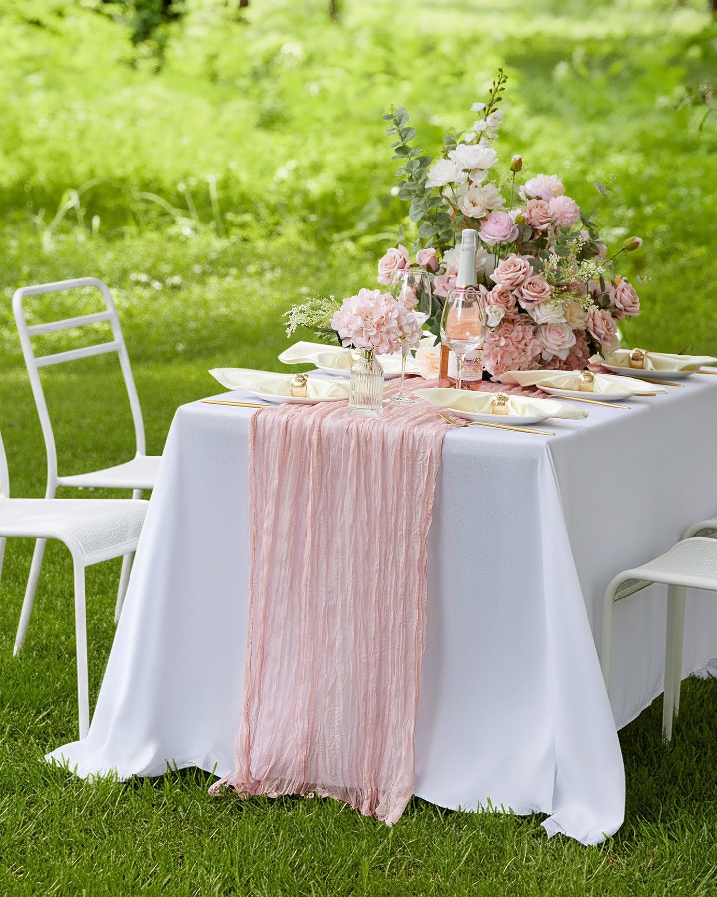 Pureegg 2-Pack Cheesecloth Table Runner, 120'' Easter Spring Boho Gauze Table Cloth Decorations for Party, Baby Shower, Wedding and Farmhouse, Fabric Room Decor, Dusty Pink