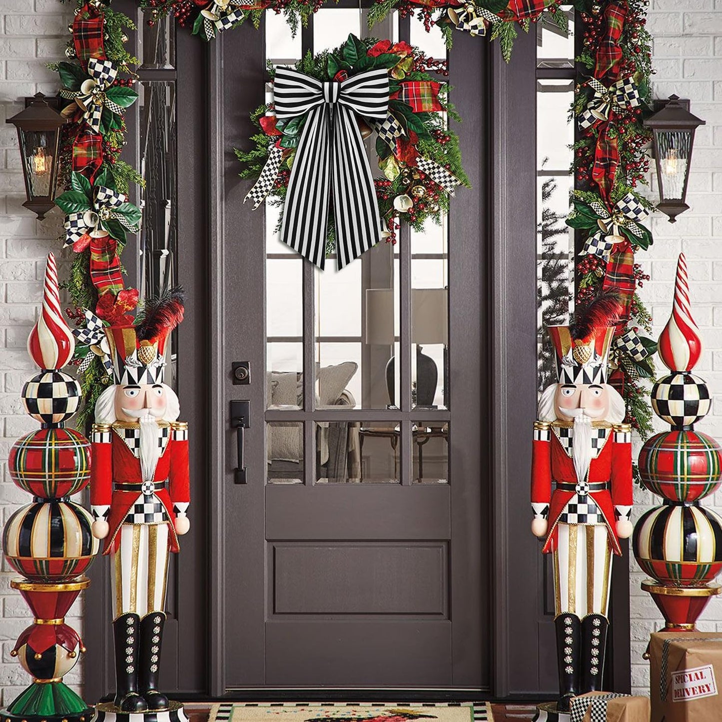 2 Pack Boxwood Wreath Sash Garland for Front Door Porch Decor (Black and White Stripe)
