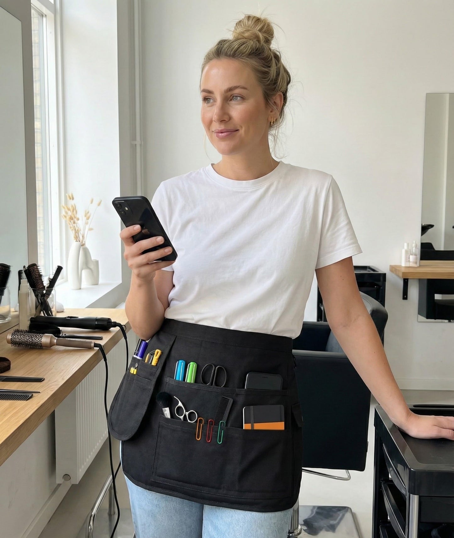 Molaxhome Waist Tool Apron with Multi-Pocket Gardening Apron with Adjustable Belt Server Hairdresser Aprons Black