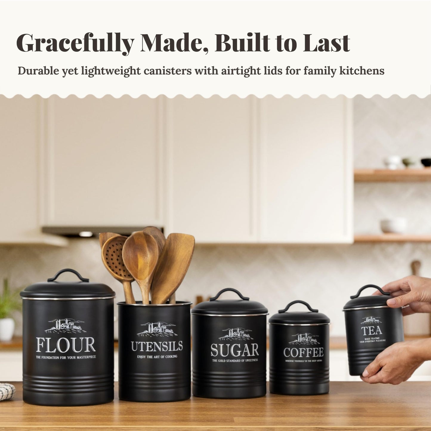 noonberry Kitchen Canisters for Countertop – 5-Piece Airtight Canister Sets for the Kitchen Counter with Utensil Holder – Flour Sugar Coffee Tea Containers – Matte Black Finish