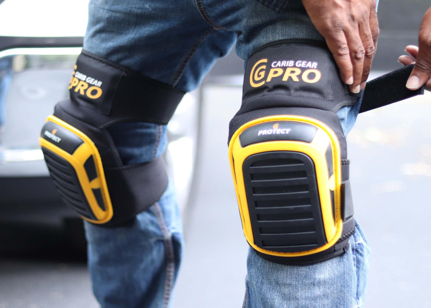 CARIB GEAR PRO USA Work Knee Pads for Men and Women Heavy Duty Double Gel Construction Knee Pads with Anti Slip Straps for Flooring Tiling Gardening Includes Leather Gloves and Safety Glasses